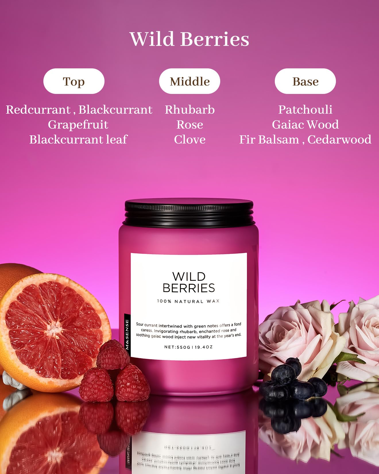 M&SENSE Wild Berries Scented Pink Candles for Home,110 Hour Long Lasting Large Soy NaturalCandles 19.4oz for Mother's Day Holiday Birthday Gifts Home Decor