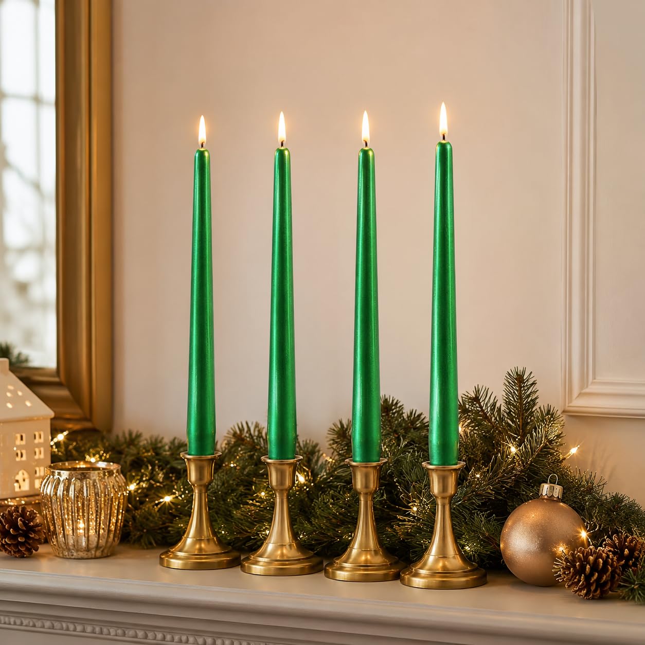 Emerald Green Taper Candles Set of 4, 10 Inch Handmade Candle Stick, Metal Candlesticks, Unscented Tapered Candles for Christmas Dinner Table Decor Gift