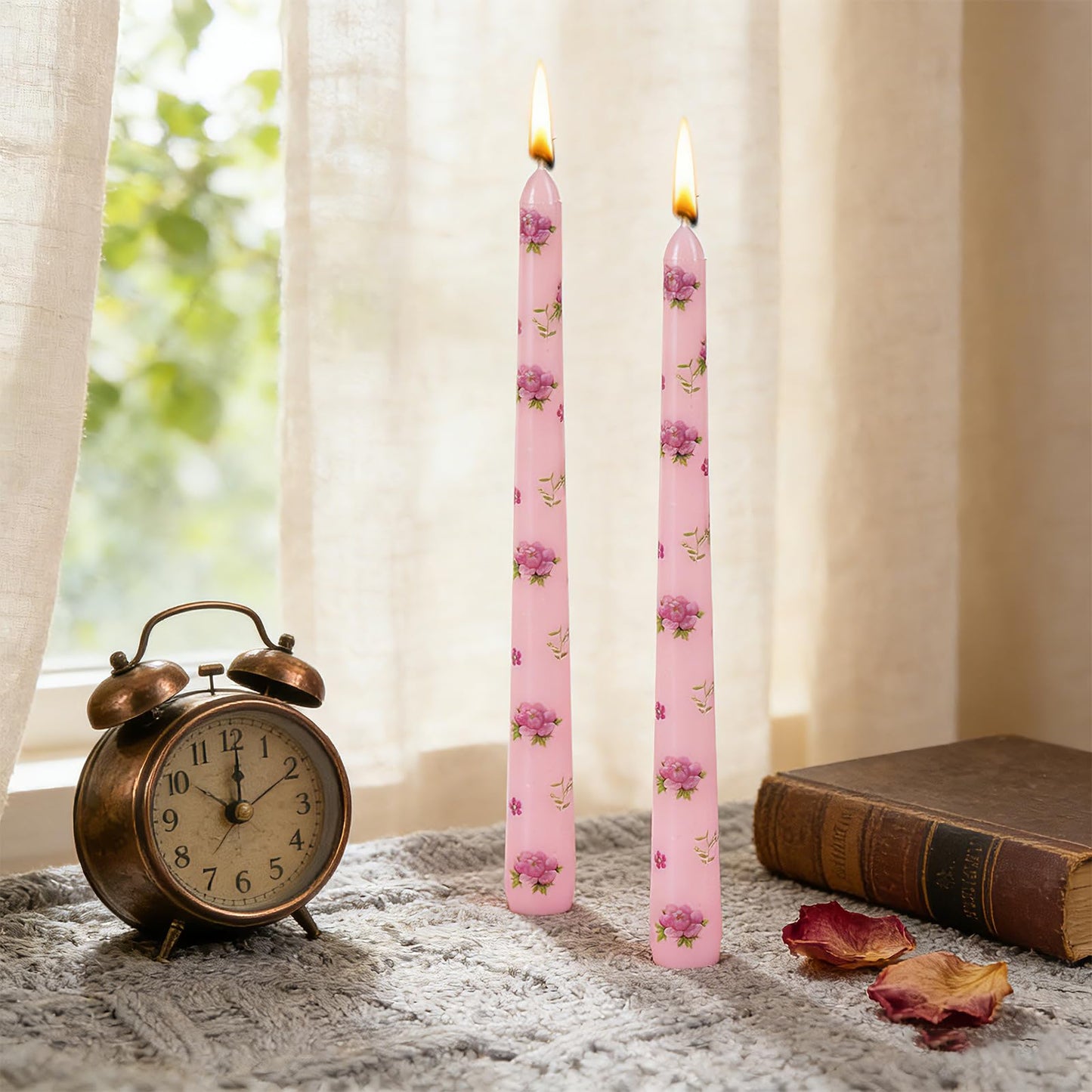 Taper Candles,10 inch 2pc Pink Tapered Candles with Peony Printed, Unscented and Smokeless Long Burning Candles,Tall Candlesticks with Cotton Wicks,Ideal for Weddings, Home Décor