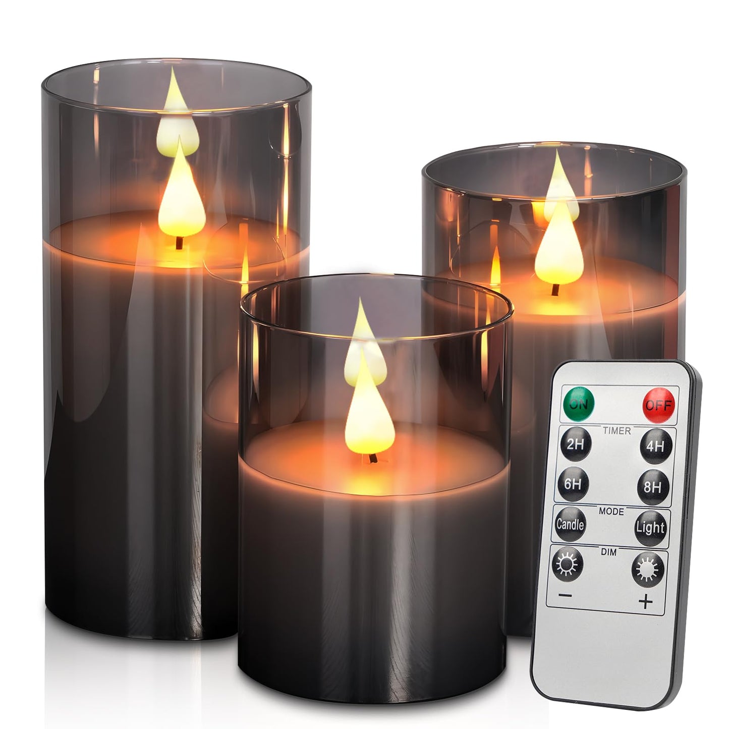 SUNGEGE Flameless Candles, 3-Pack Battery Operated Candles, 3x4/5/6 Inches, Gray, LED Flickering Light, Acrylic Material, Safe for Kids and Pets, Perfect for Home Décor, Events, and Holiday Occasions