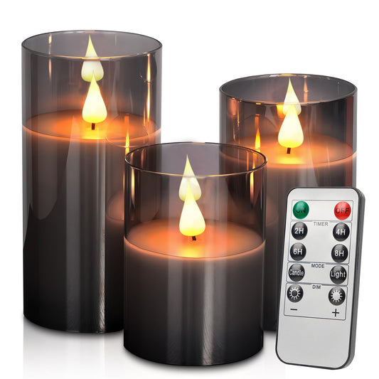 SUNGEGE Flameless Candles, 3-Pack Battery Operated Candles, 3x4/5/6 Inches, Gray, LED Flickering Light, Acrylic Material, Safe for Kids and Pets, Perfect for Home Décor, Events, and Holiday Occasions