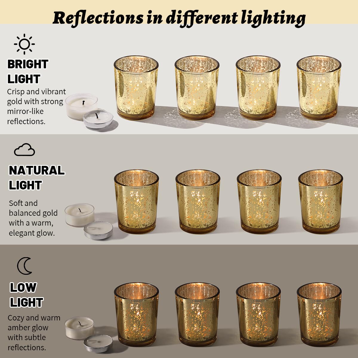 LETINE 48pcs Gold Votive Candle Holders – Glass Tea Light Candles Holder, Standard Votive Size for Regular Votive Candles – Bulk Candle Holder for Party Decorations, Bridal Shower, Holiday Decor