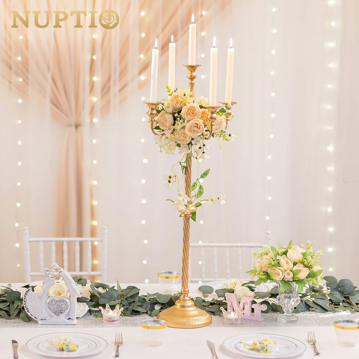 Nuptio Tall Gold Candelabras 34 Inch Candle Stick Holders Set of 2 Floor Candle Stand Taper Candle Holders for Classic Wedding Mantal Christmas Halloween Easter Home Table Centerpiece Decoration