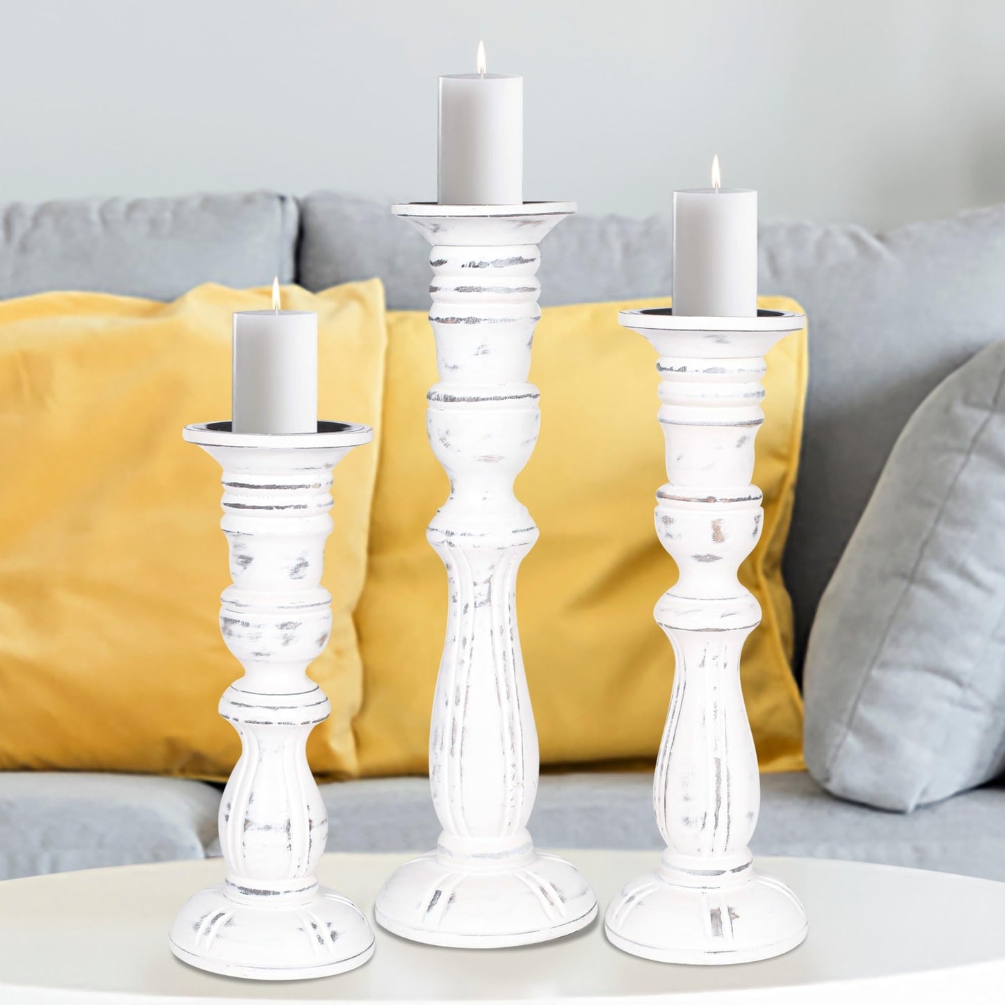 Wooden Candle Holder Set of 3, Tall White Wash Pillar Candle Holders, Rustic Farmhouse Decor, Brown Wooden Candle Stands for Home Decoration - 16, 14, 12 Inch Height