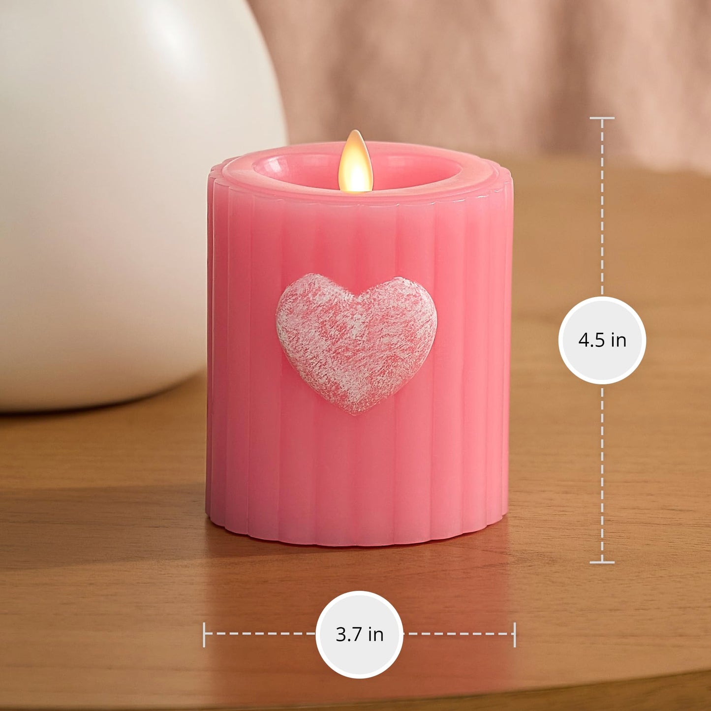 Luminara Flickering Flameless 3.7" x 4.5" Pillar Candle, Battery Operated Remote Ready (Sold Separately) & Timer Function, LED Light, Ribbed Real Pink Wax w/Embossed Heart Design for Valentine's Day
