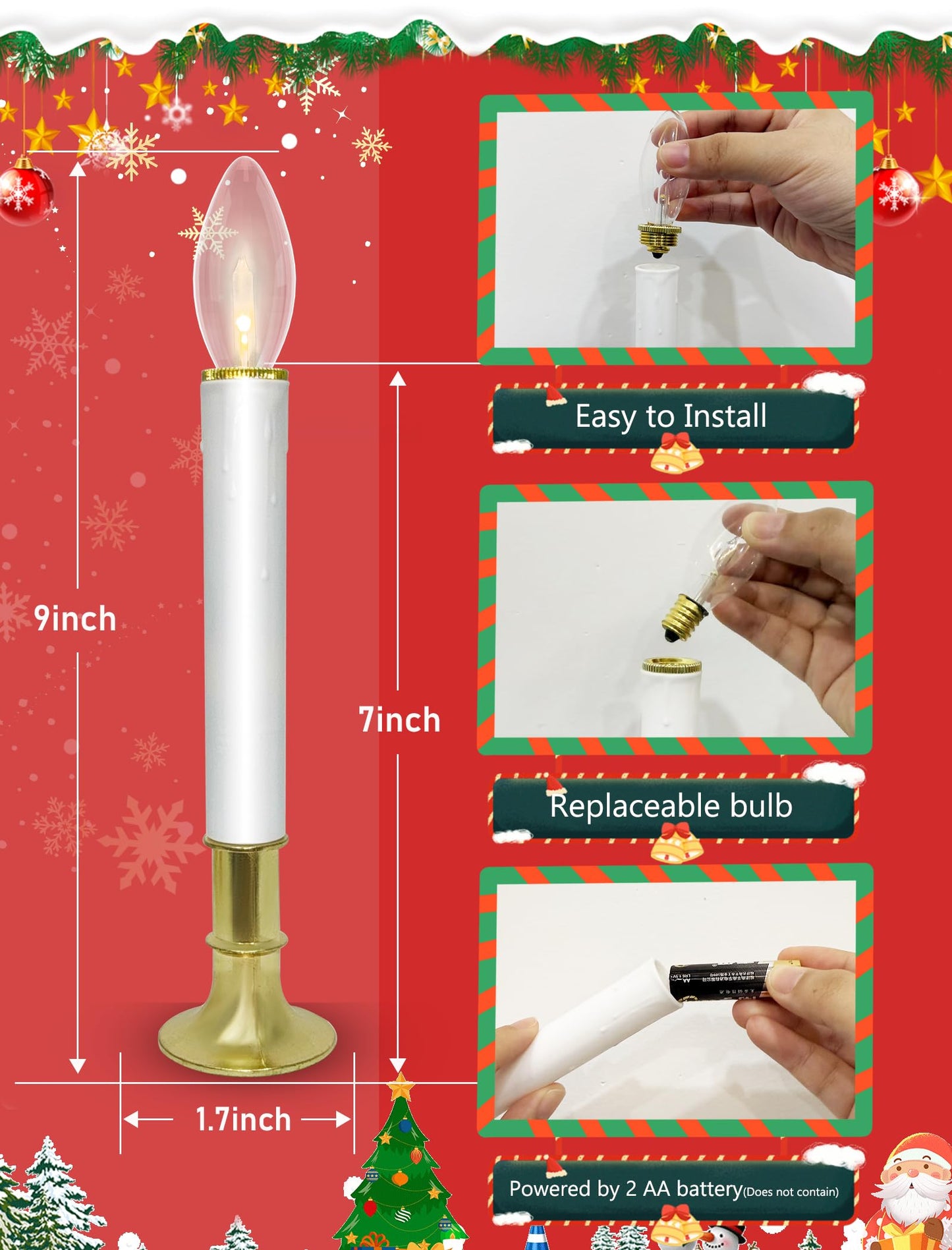 10 Pack Ultra-Bright LED Christmas Window Candles with Brass-Plated Base, Battery Operated Flameless Candles with LED C26 Warm White Bulbs Christmas Window Lights for Holiday Home Wedding Decorations
