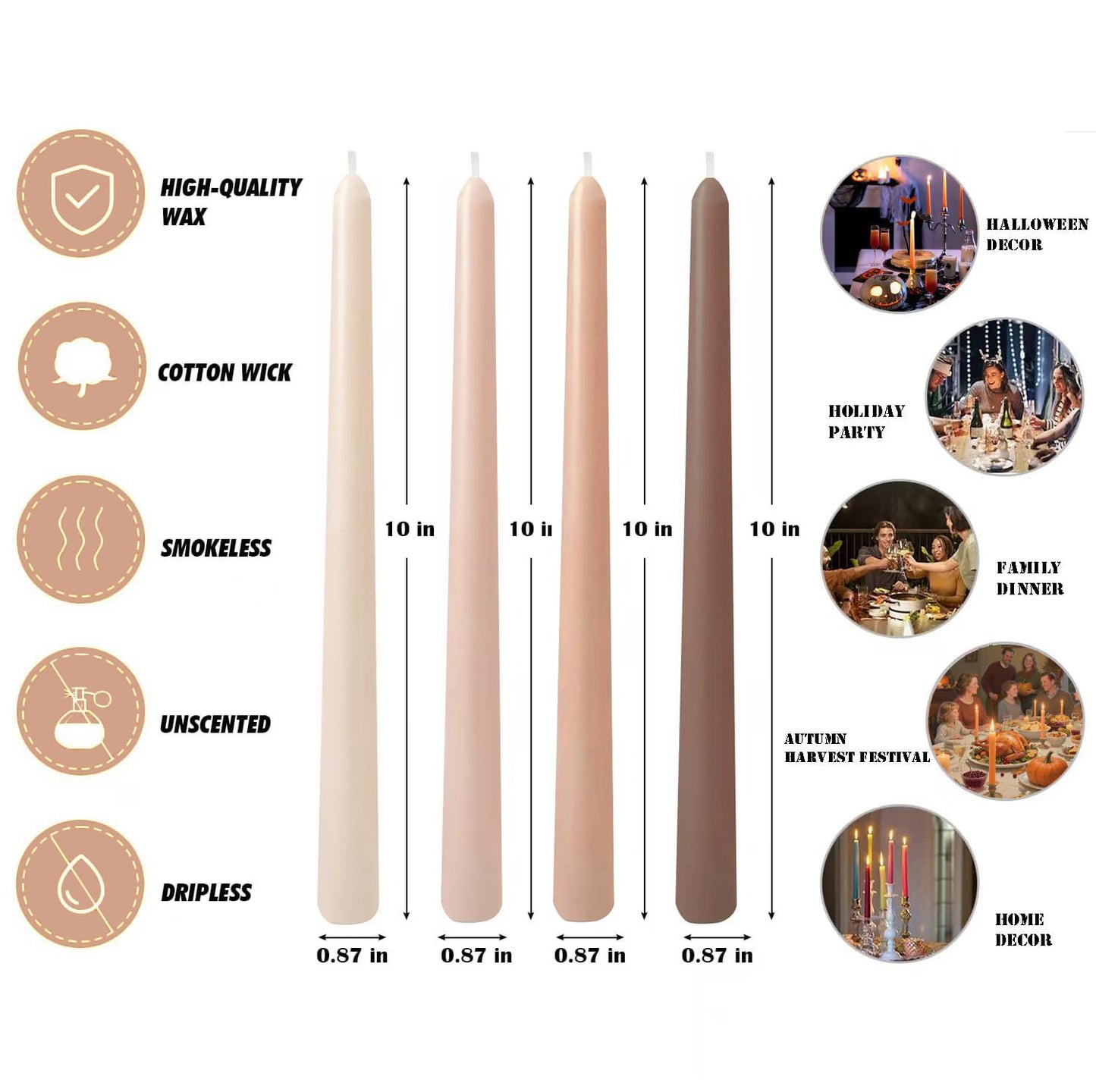 12-Pack Gradient Mocha Taper Candles, 10 Inch Unscented Dripless Candlesticks, Long-Lasting Burn Time of 7-8 Hours, Perfect for Dinners Parties and Home Décor