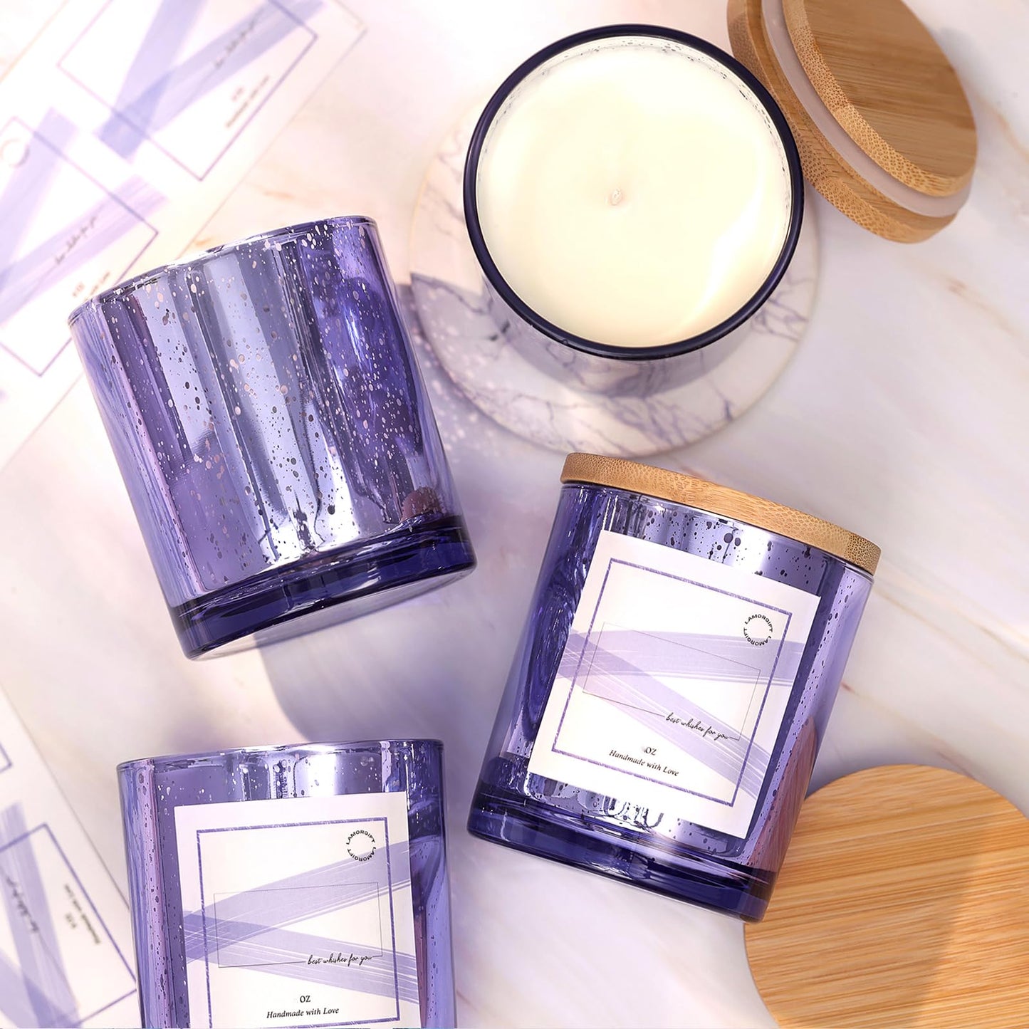 LAMORGIFT 12 Pack Glass Jars with Lids (10oz, Purple) - Making Containers for Candles - Mercury Glass Jars Include 15 Pcs Labels
