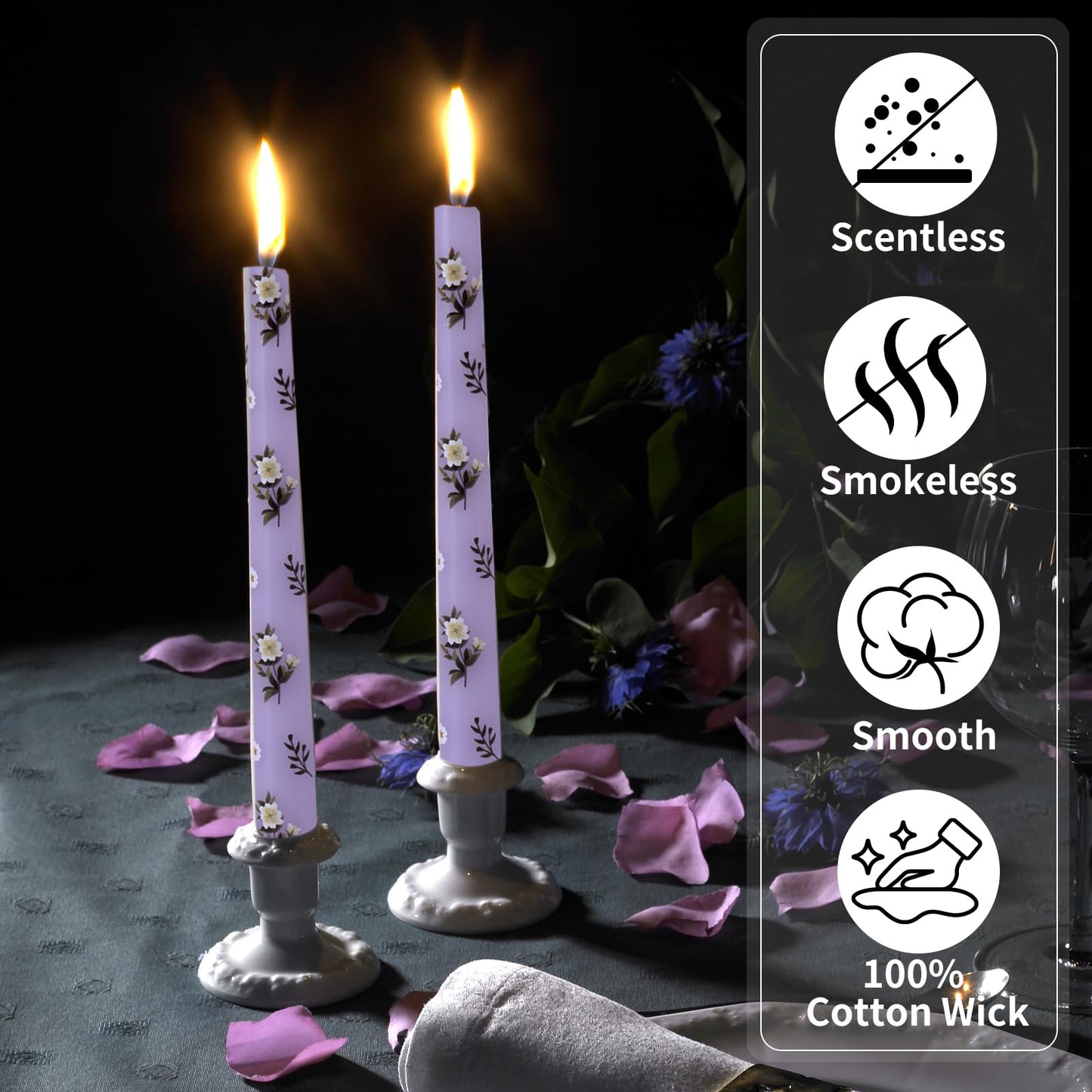 Taper Candles,10 inch 2pc Purple Tapered Candles with Camellia Printed, Unscented and Smokeless Long Burning Candles,Tall Candlesticks with Cotton Wicks,Ideal for Weddings, Home Décor