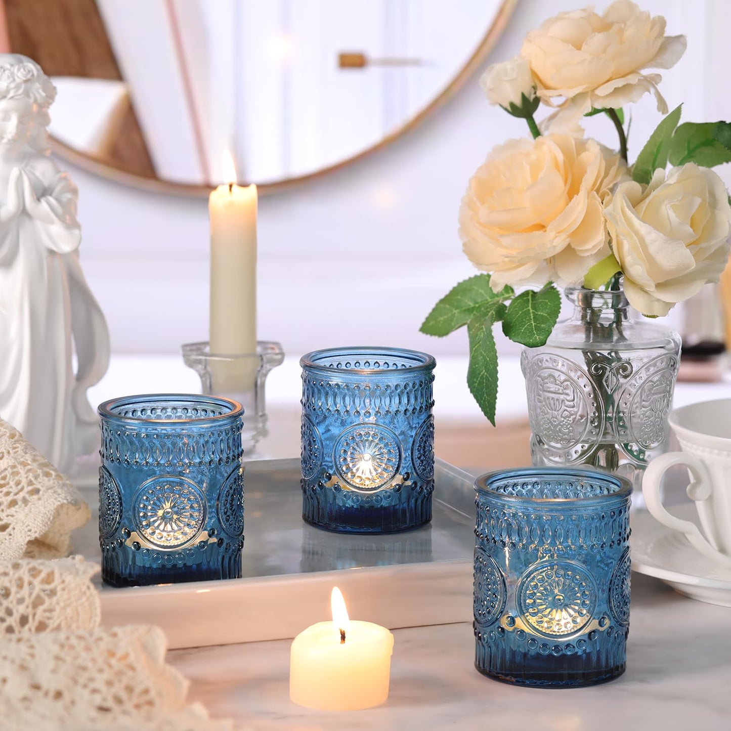 Lanttu Blue Votive Candle Holder Set of 12, Glass Tea Lights Candle Holders for Wedding Table Centerpieces, Birthday Parties, Home Decor and Holiday Decor