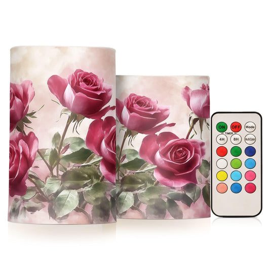 WEVIBOFU Watercolor Rose Flickering Flameless Candles LED Battery Operated with Remote Timer Pillar Candles for Home Birthday Wedding Christmas Decor, Set of 2