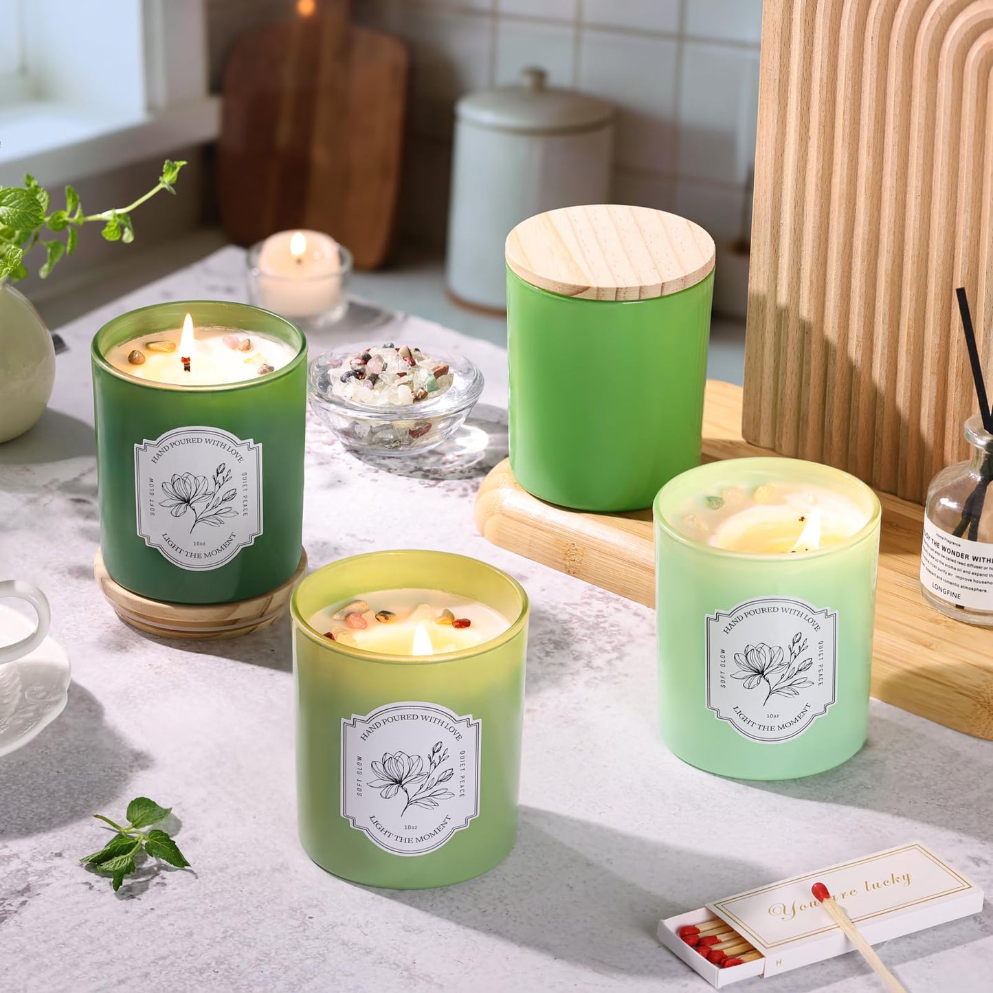 12Pcs Assorted Green Glass Candle Jars with Wooden Lids for Making Candles, 10 OZ Empty Candle Jars with Labels and 100g Crystal Rocks, Candle Making Supplies Candle Containers for Home DIY & GIFTS