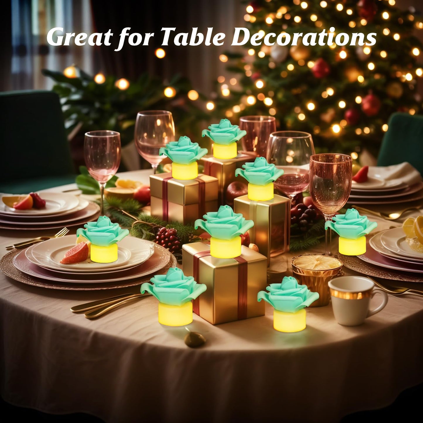 SupBri 12 Pack LED Tea Lights Candles with Artificial Rose Petals, Flameless Battery Operated Candles,Romantic Decorations Special Night Set for Valentines,Wedding Decor (Green, 12 Pack)
