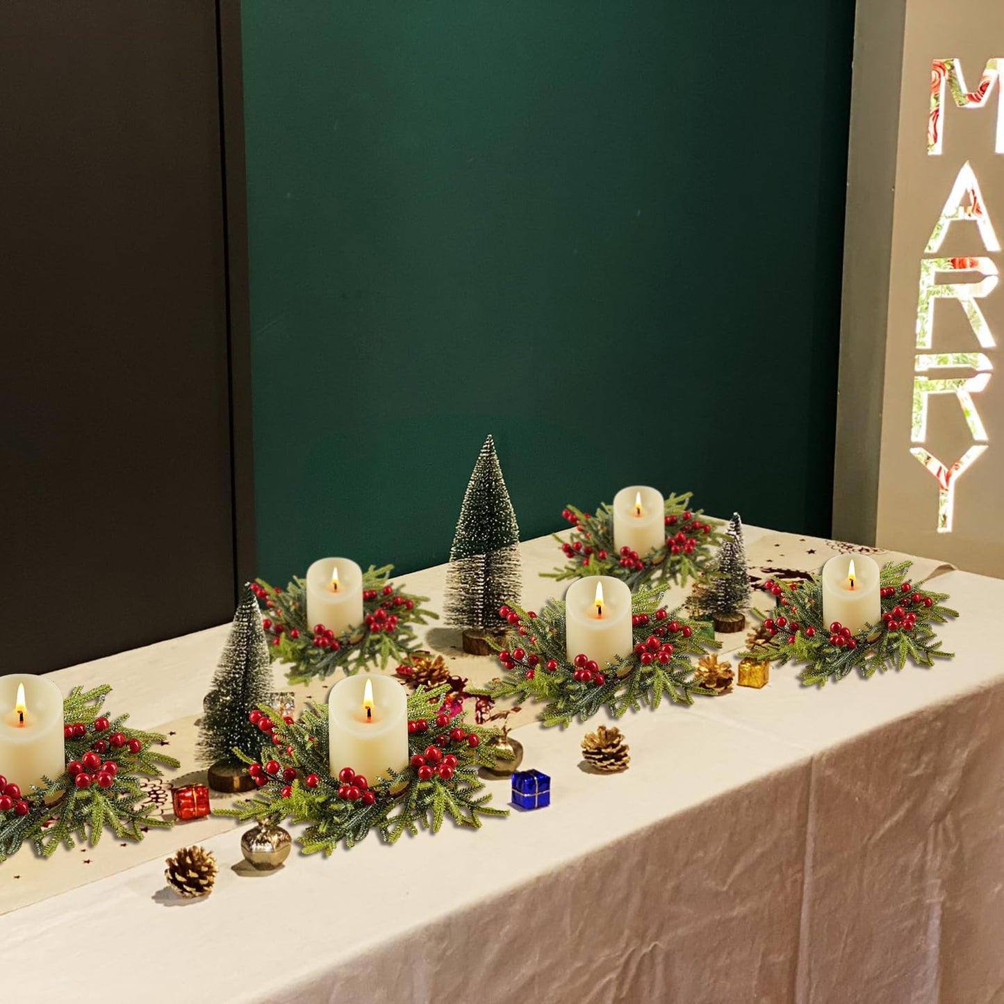IWNTWY 6Pcs Christmas Candle Ring Wreaths, Artificial Red Berries Pine Branches Leaves Candle Rings for Pillars Candle Holder, Home Christmas Party Table Centerpiece Decoration