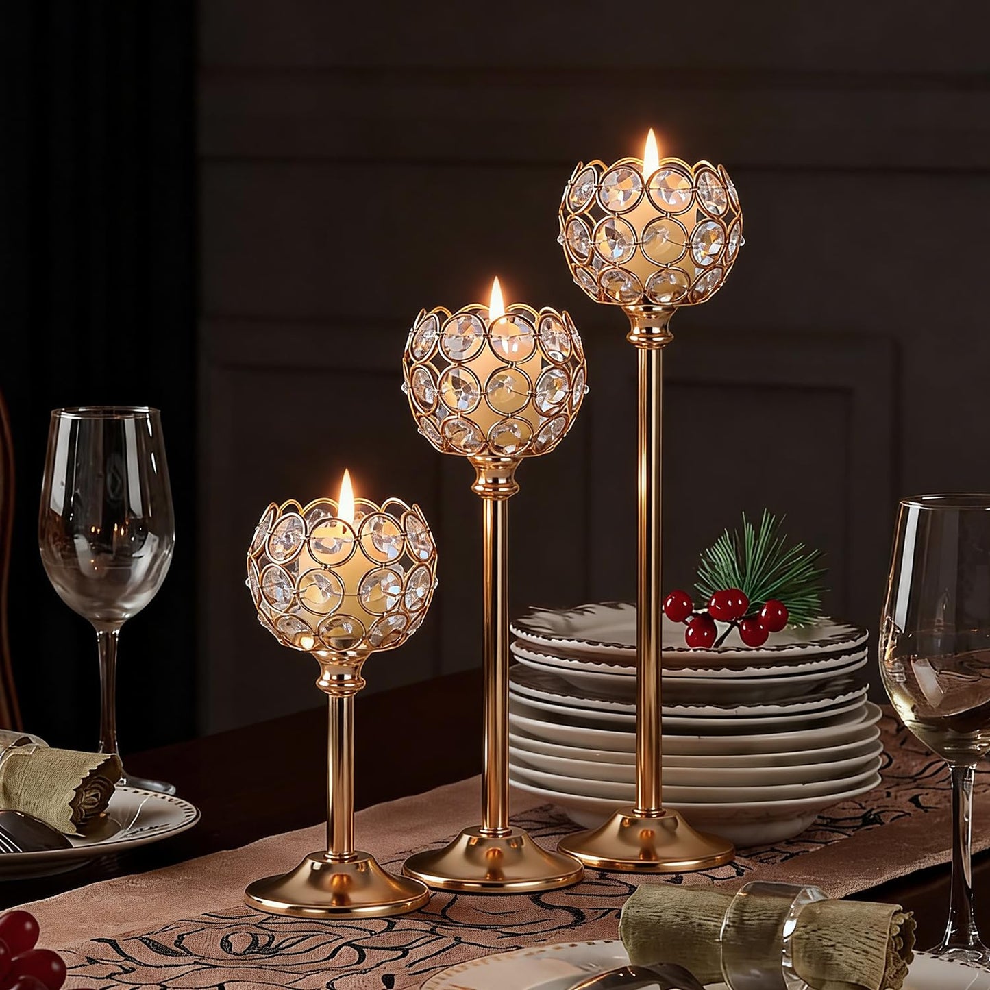 Oakernel Gold Crystal Candle Holders Candlestick Holders - 4 Sets Tall Bling Bowl Candelabra Centerpieces for Dining Table, Wedding, Party & Fireplace Mantel Decor,12Pcs