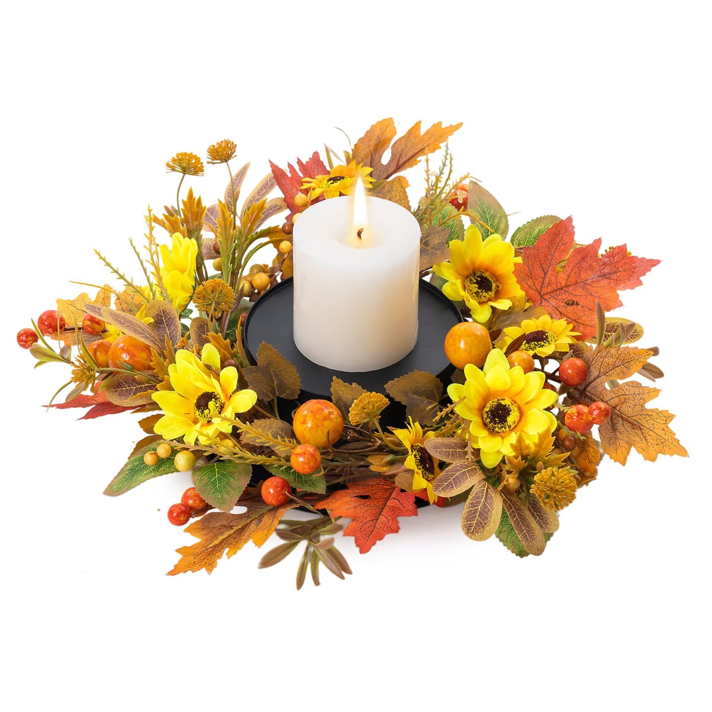 MOYEE Autumn Candle Holder Centerpieces for Tables,Candle Ring, Black Metal Candlestick with an Artificial Wreath 14 in Versatile Dining Table Centrepiece (Yellow Sunflower Wreath)