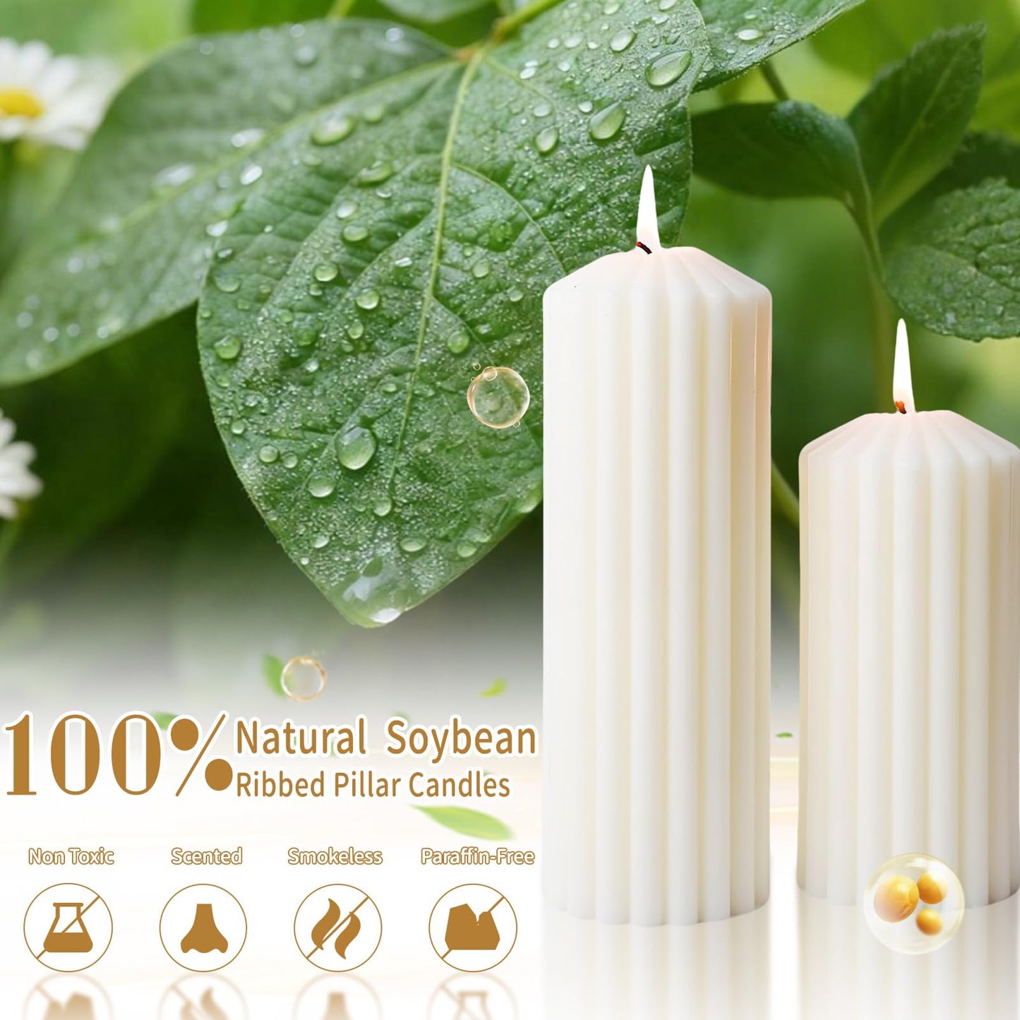 3 Pcs White Ribbed Pillar Candles-Vanilla Cake Scented,Natural Soy Wax,Non Toxic,Smokeless-2.8" x4,6,8in Modern Aesthetic Aromatherapy Candles for Home,Dinner Table,Living Room,Housewarming Gift