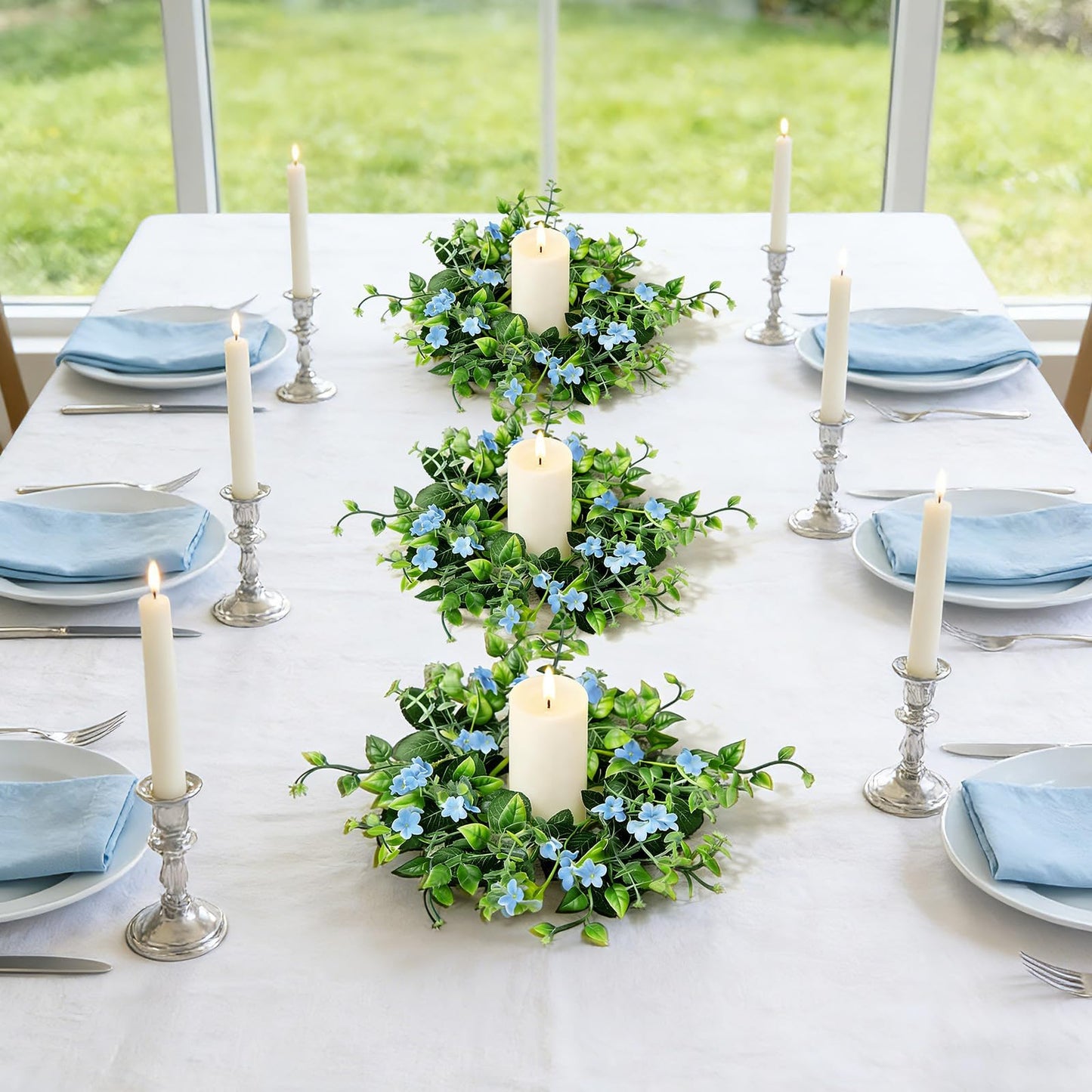 6 Pcs Small Spring Summer Candle Ring Wreaths with Artificial Green Leaves and Trailing Vines Mini Candle Holder Wreath with Blue Flowers for Home Kitchen Table Centerpieces Front Door