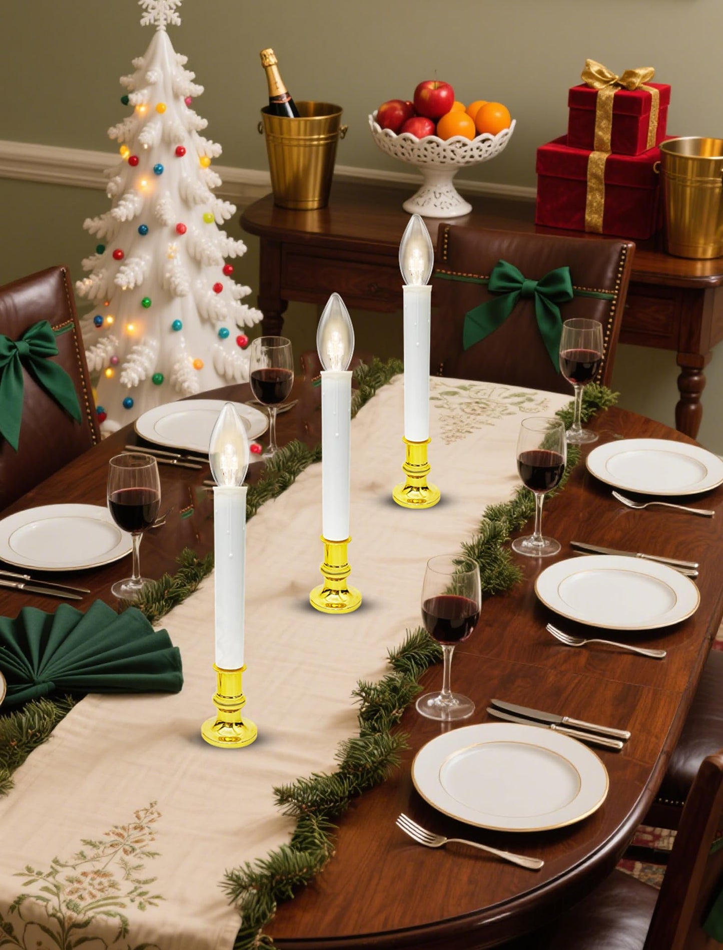 4 Pack Christmas Battery Operated Window Candles with Timer (6-18H), Wireless Window Candle Light with Gold Candlestick Base, C26 LED Bulb Candle Lamp for Home Party Valentines Decor, 4 Suction Cups