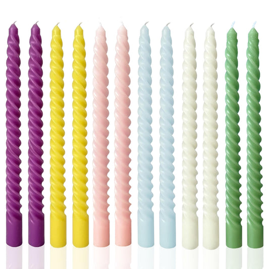 LPUSA Colored Taper Candles Spiral Candle Sticks in Rainbow Colors,Unscented Pastel Candle for Holiday,Wedding and Home Decoration,10inch,12 Pack(E-6colored)