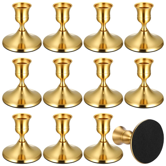 12PCS Brass Gold Taper Candle Holders Set, Vintage Metal Candlestick Holders for Table Centerpiece, Wedding Reception, Festive Christmas Mantel Decoration or Home Decor