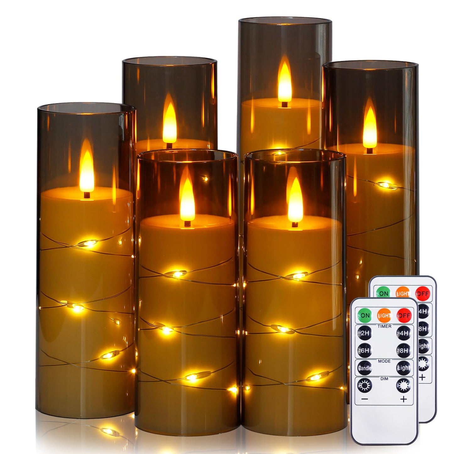 Yeelida Grey Flameless Candles with Remote and String Light, 2.2"x 5",5",6",7",7",8" LED Battery Operated Plastic Flickering Timer Pillar(Pack of 6,Turn On/Off String Light Mode)
