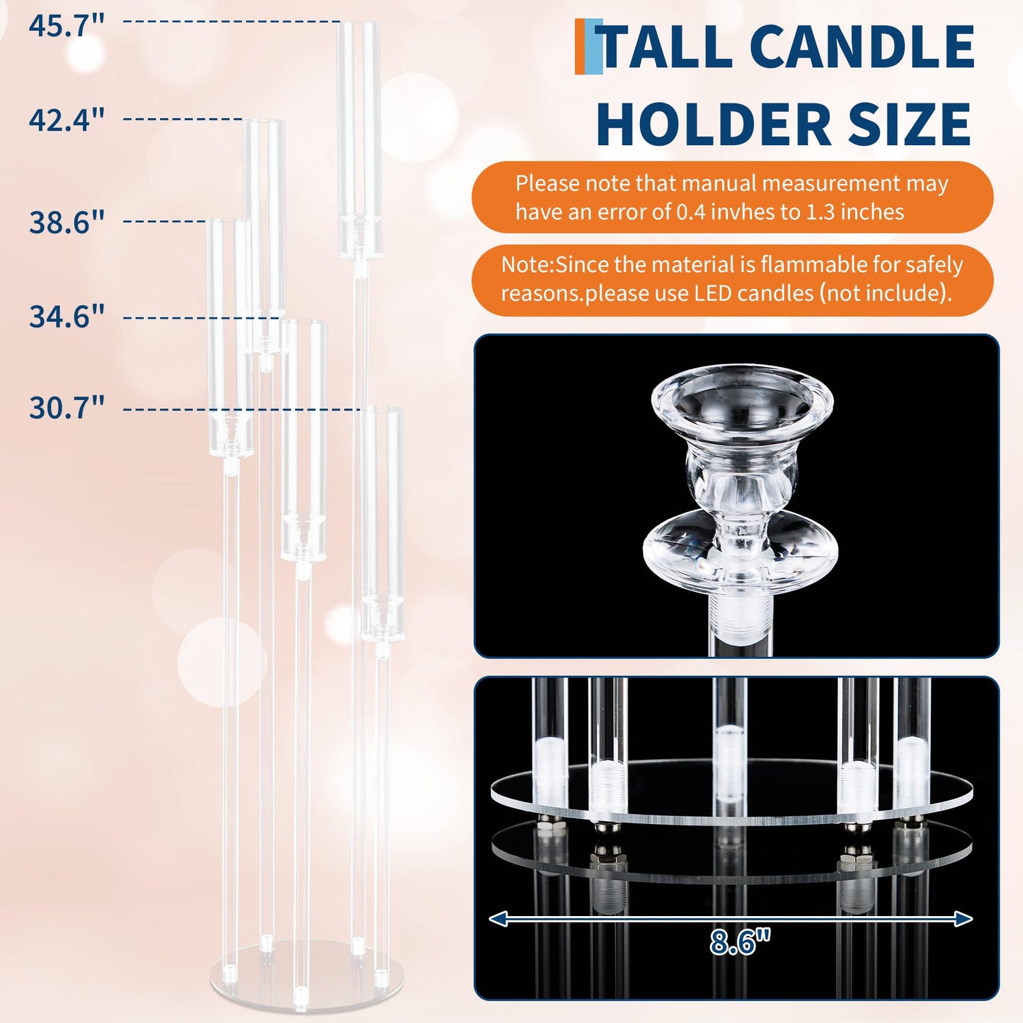 4Pcs 45.7''Tall 5 Arm Acrylic Candelabra Centerpieces for Tables, Clear Candle Holder for Wedding, Floor Candelabro Holders for Ceremony Birthday Party Home Decoration Fit 0.8 LED Candles（No Candle）