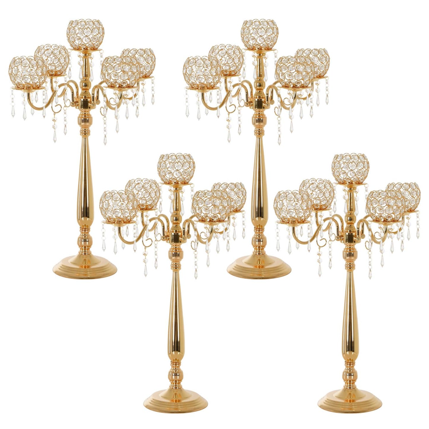 4 Packs 5 Arms Crystal Candelabra for Wedding Centerpiece, Gold Floor Candle Holder Set with Chandelier Crystal Beaded Anniversary Dinner Party Table Decor candelabros de mesa Elegantes Palace Themed