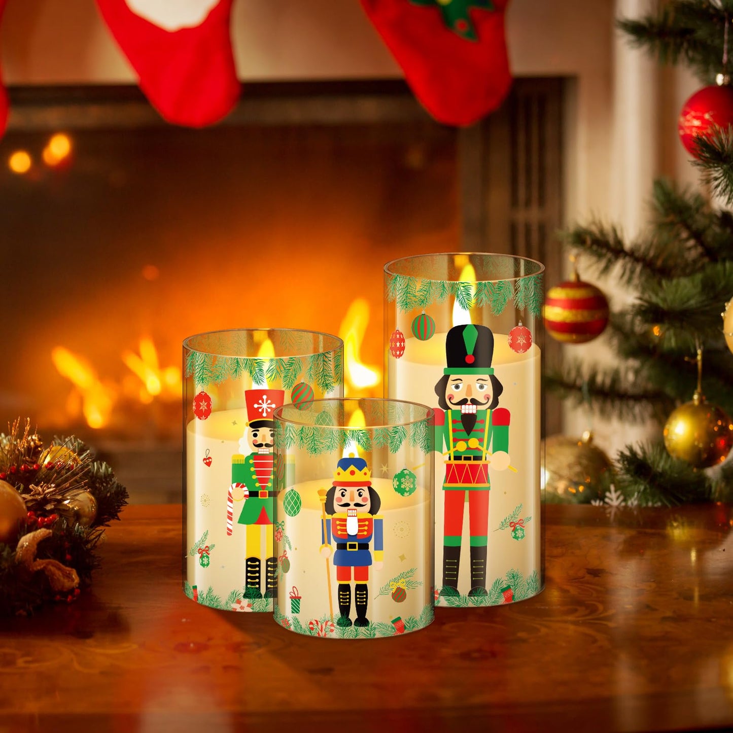 Blosssound 3 Pack Christmas Flameless Candles Battery Operated Xmas Nutcrackers Flameless Flickering Candles LED for Home Fireplace Winter Holiday Table Decorations Christmas Gifts