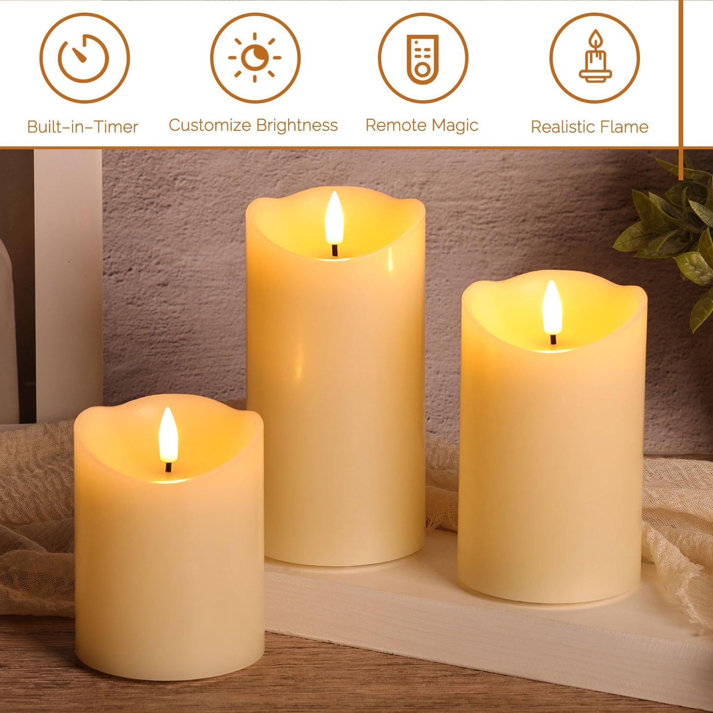 Girimax Ivory Flameless Pillar Candles with Remote, LED Candles Battery Operated, Real Wax Electric Candles Flickering Set of 3