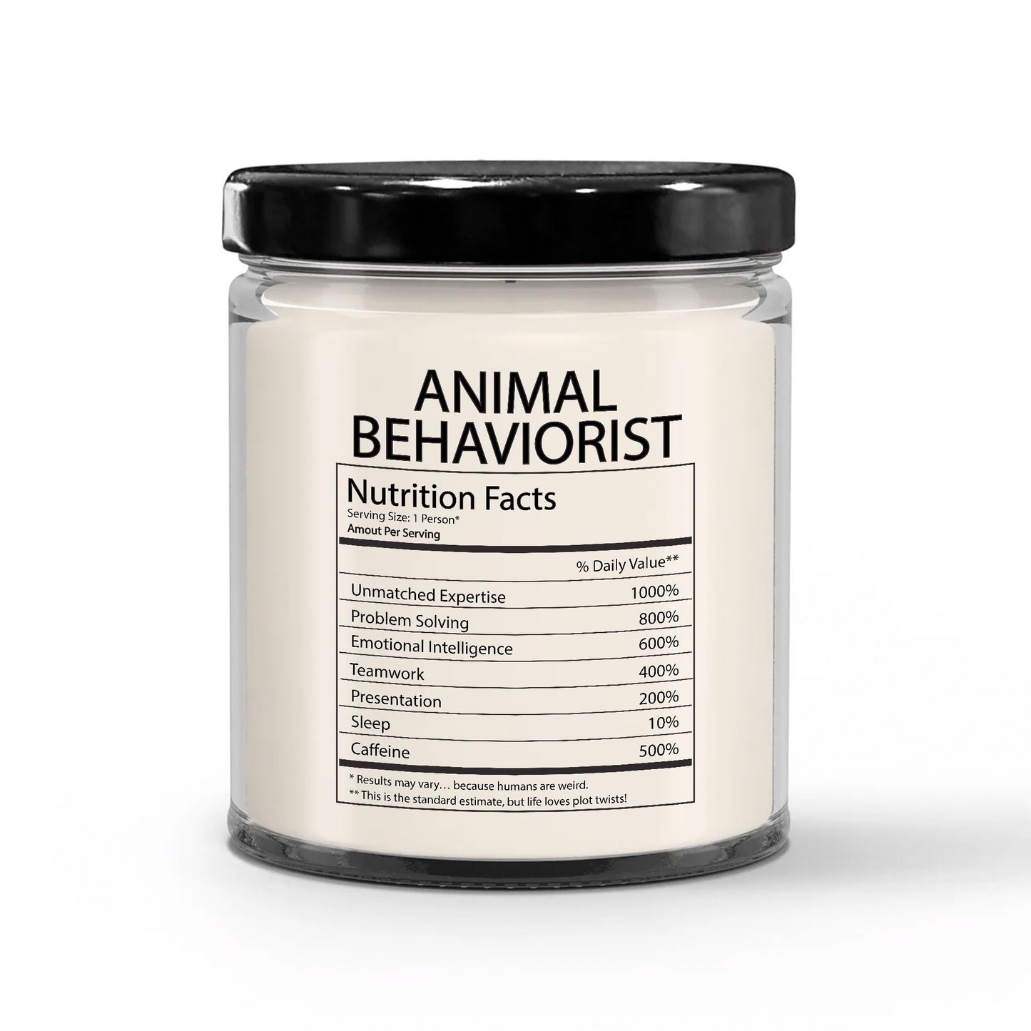 Funny Gifts for Animal Behaviorist Nutrition Facts Label - Christmas Candle for Animal Psychologist Staff Employee Boss Manager - Thank You, Birthday - Vanilla Scented Soy Wax, 9oz