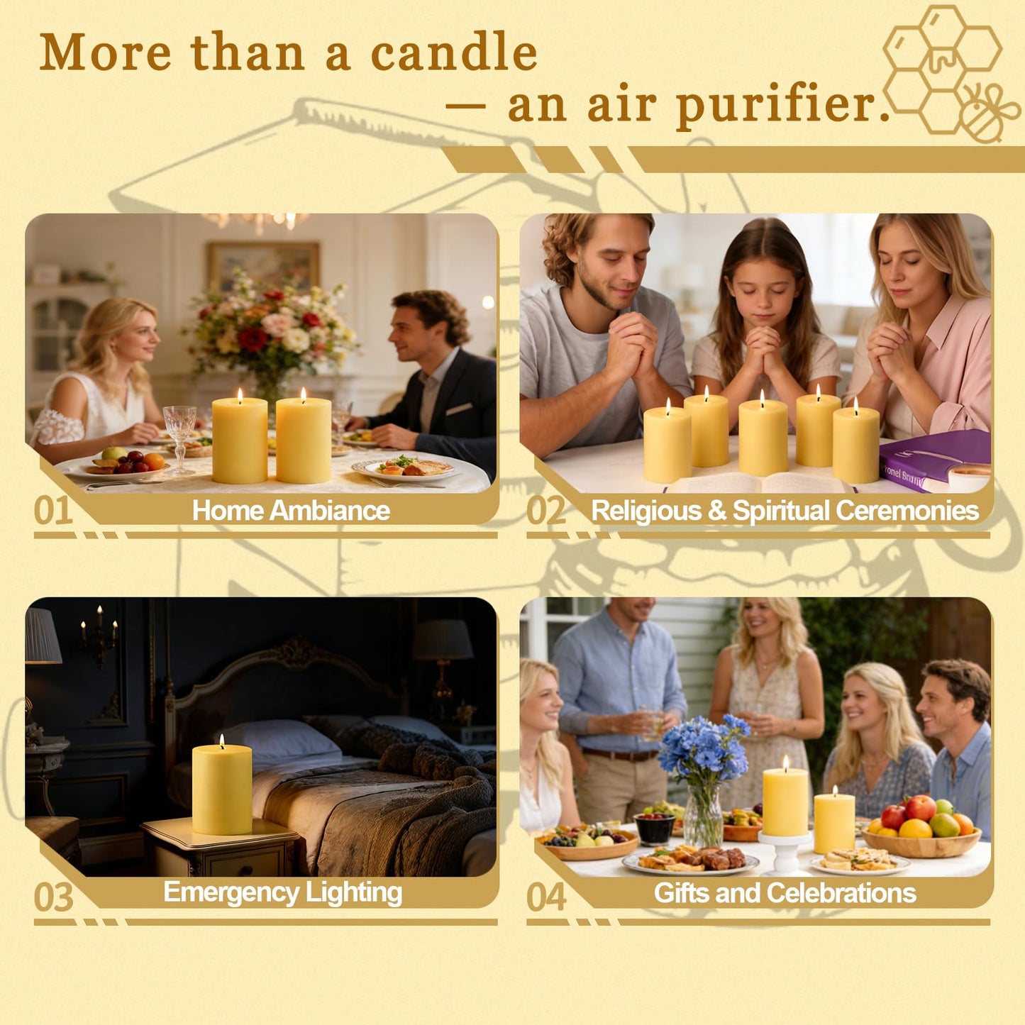 Natural Beeswax Candles Pillar 3x6 Inch, 4 Packs, Large Pure Beeswax Pillar Candles for Emergency Prayer Home Decor, 100 Hours Long Burning Time Bees Wax Candle for Relax, Smokeless & Dripless