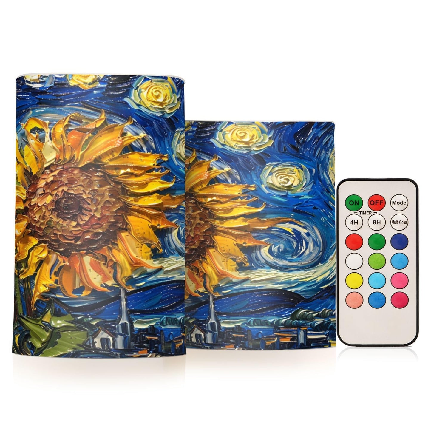 ALAZA Oil Painting Starry Night Sunflower Flickering Flameless Candles Pillar Led Candles Battery Operated Candles with Remote and Timers Set of 2