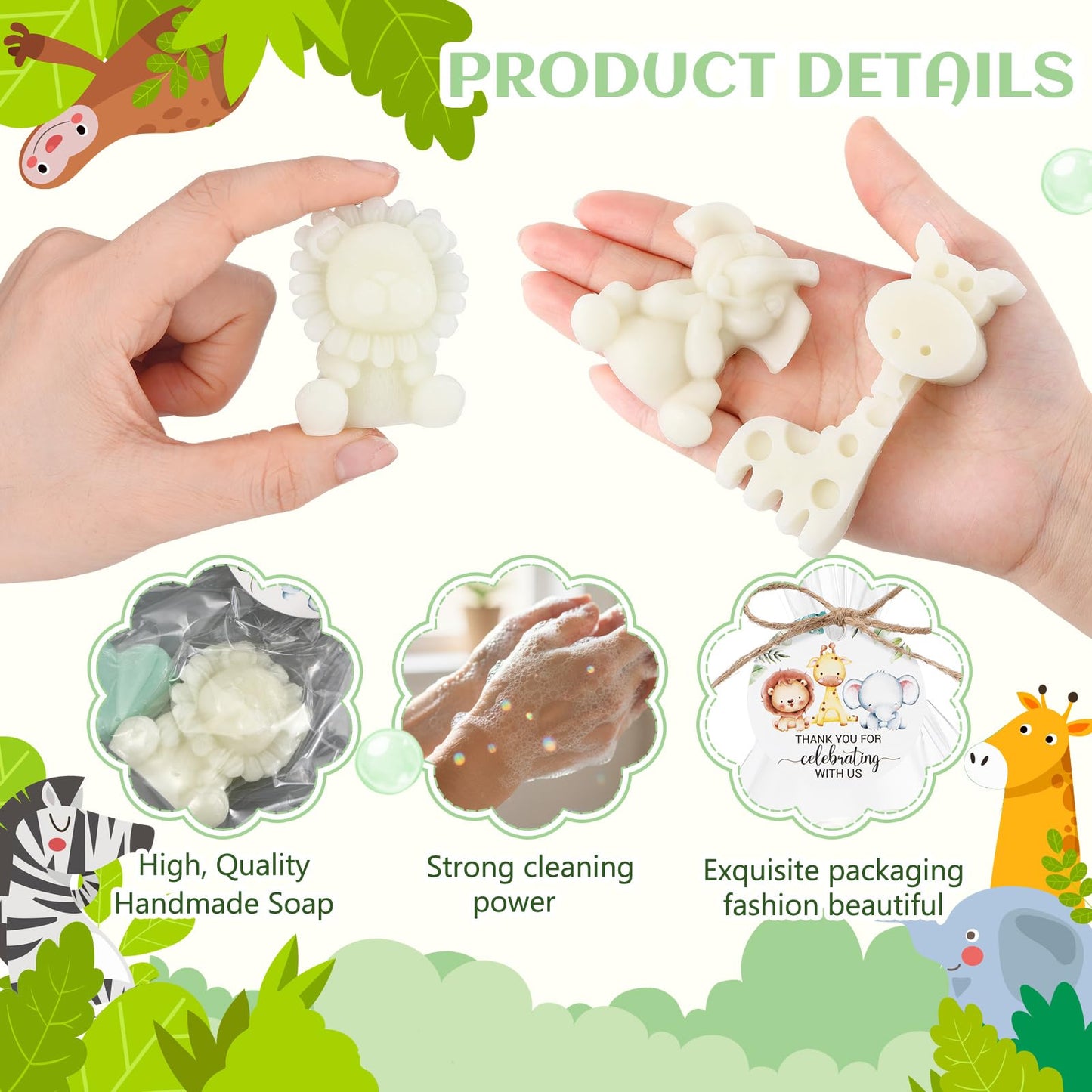 Demissle 20 Sets Safari Animal Baby Shower Soaps Favors for Guests Jungle Greeting Card Bath Gift for Birthday (Green)