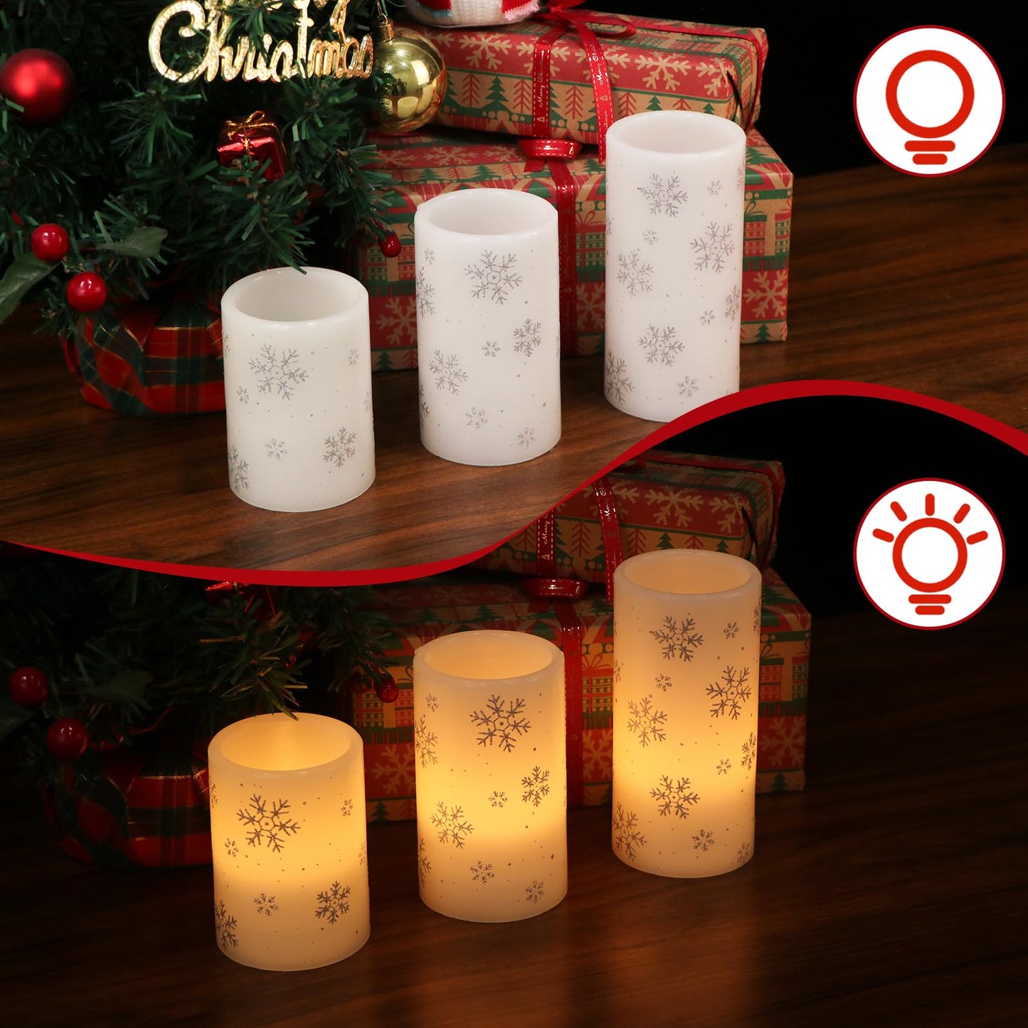 Eldnacele Christmas Flickering Flameless Candles with 6 Hour Timer, Silver Snowflake Decal Battery Operated Real Wax LED Pillar Candles Home Tabletop Holiday Decor(3Pcs,3×4/5/6 Inches)