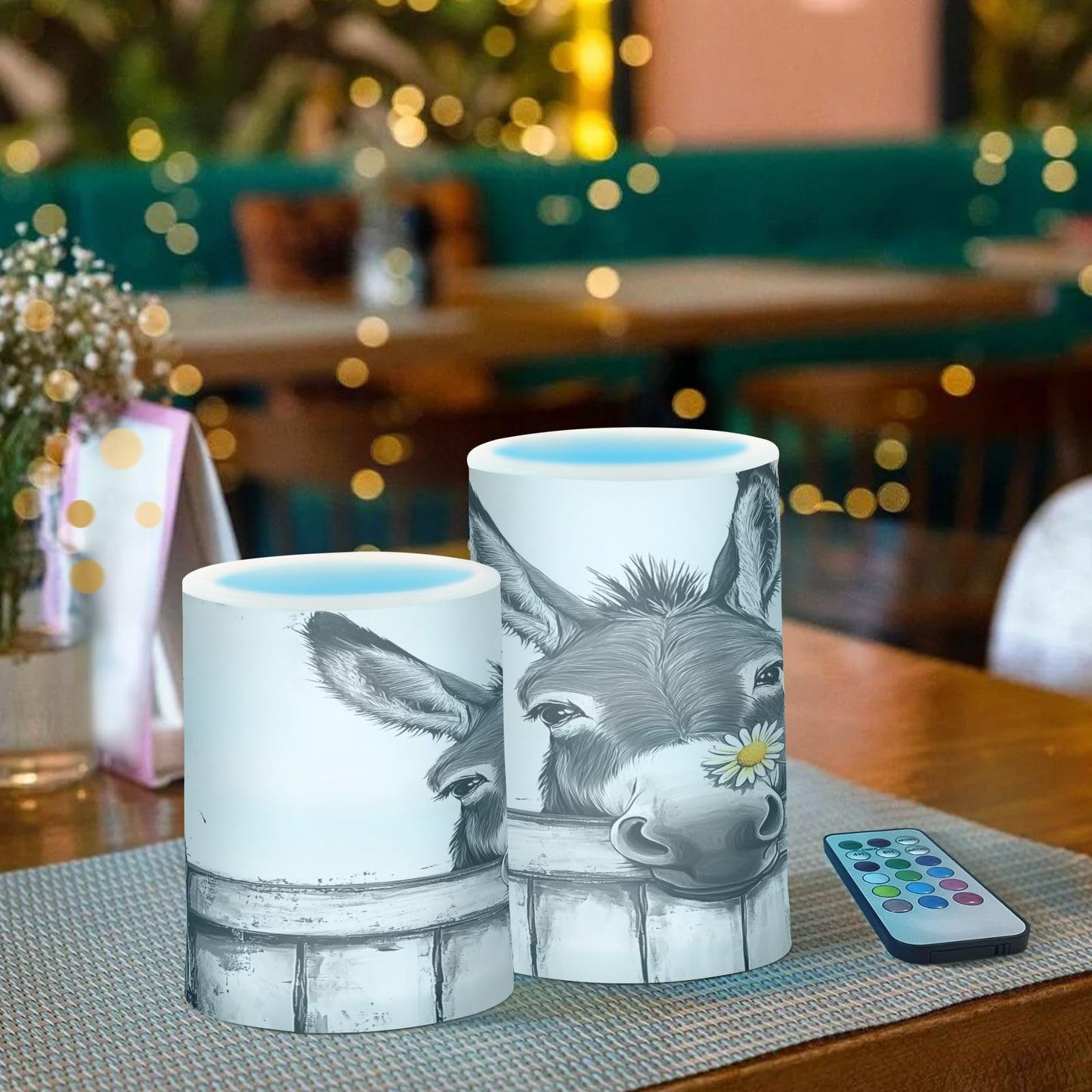 Black White Donkey Flowers Wooden Flickering Flameless Candles LED Battery Operated with Remote Timer Pillar Candles for Home Birthday Wedding Christmas Decor, Set of 2