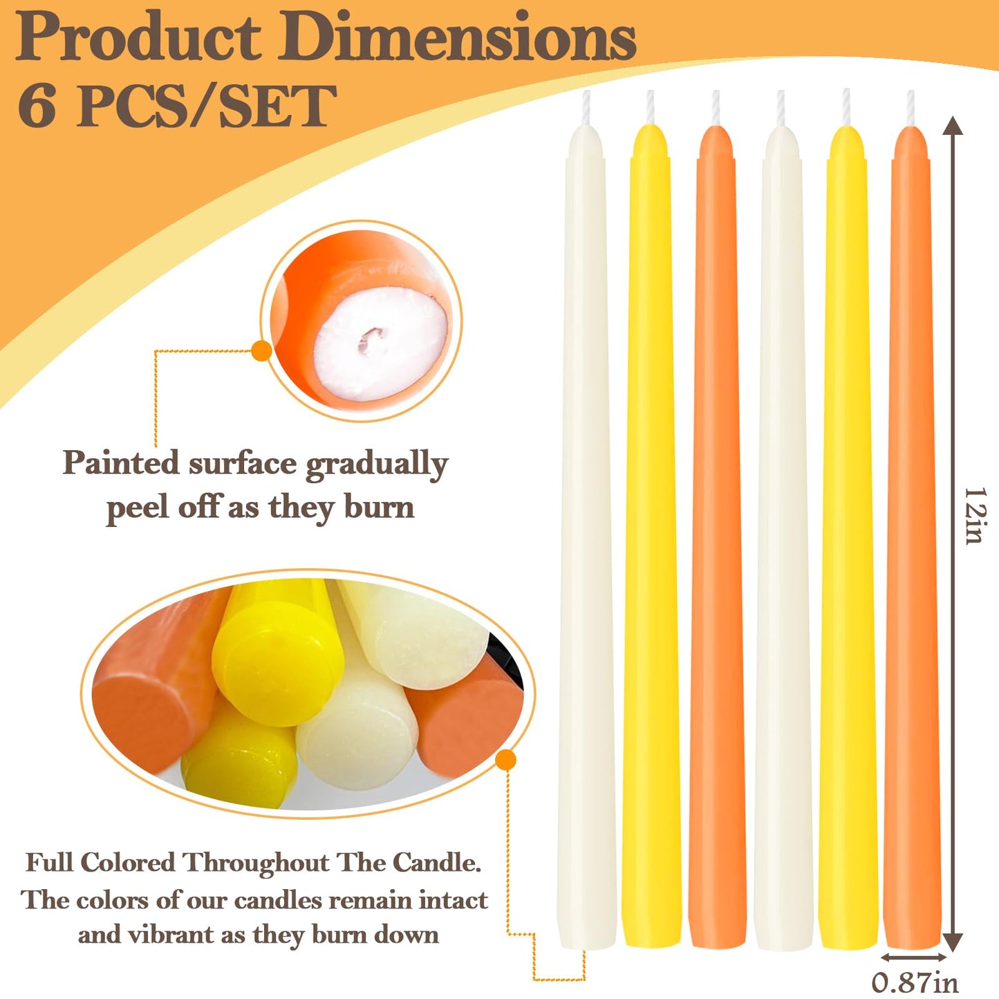W&LESVAGO 12 Inch Orange Taper Candles Set of 6 Unscented Smokeless Long Tall Tapered Candle for Candlesticks Sticks Wedding Advent Home Decor Dinner Christmas