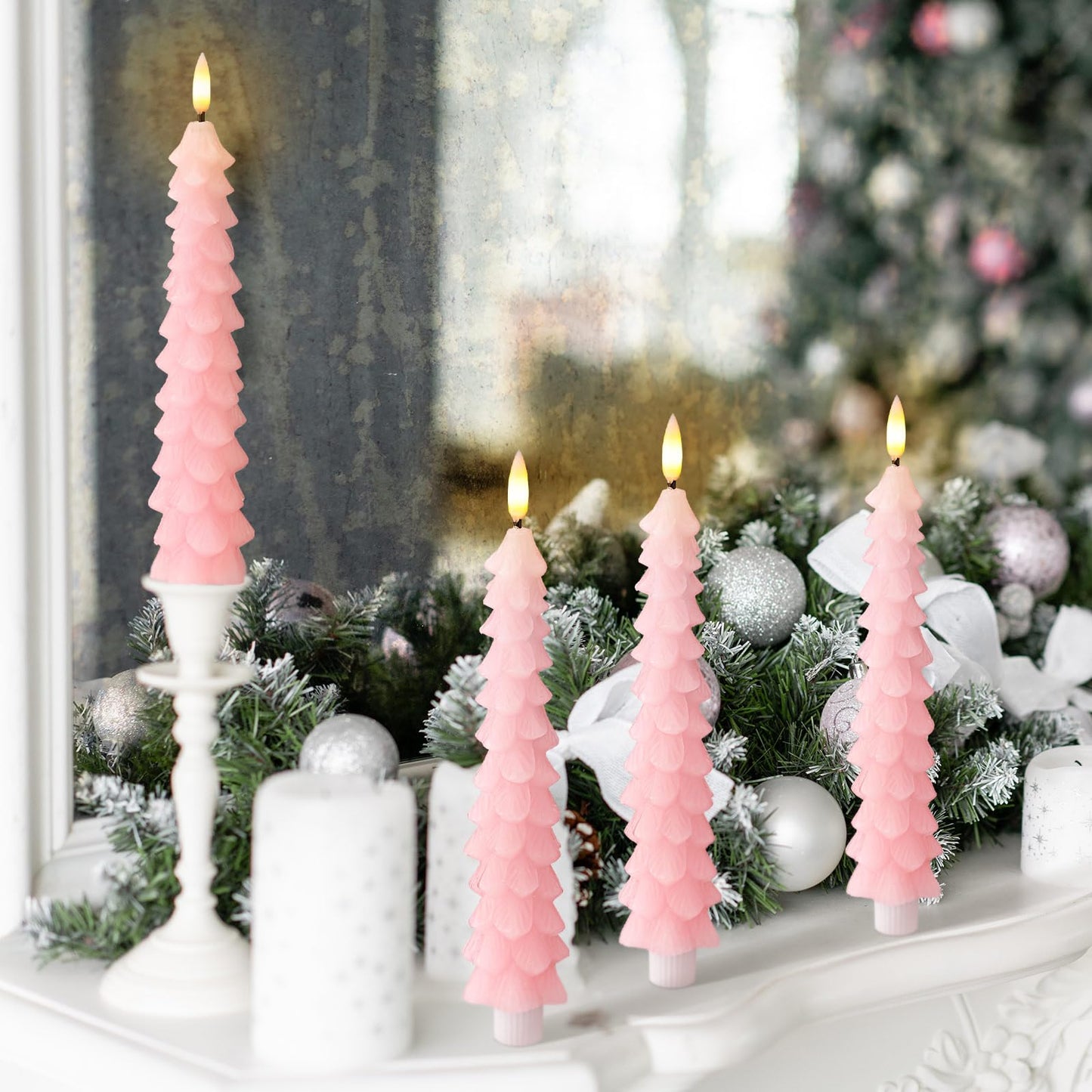 Tujoe 2 Pcs Pink Christmas Tree Flameless Taper Candles with Remote Xmas LED Candlesticks Battery Operated Electric Candlelights 3D Flickering Flame for Holiday Winter Party Table Centerpiece Decor