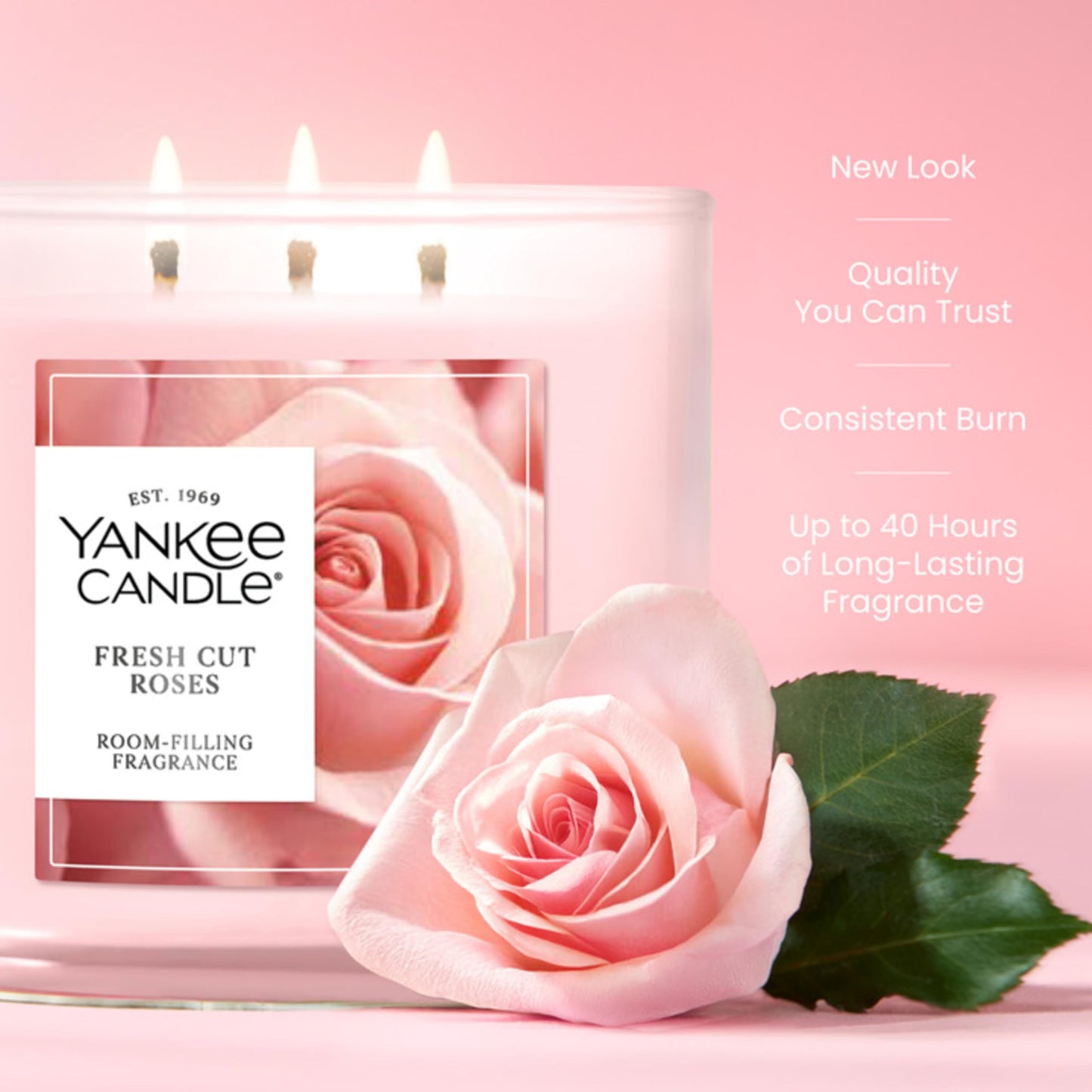 Yankee Candle Fresh Cut Roses, Scented Candle, 14.5oz 3-Wick Candle Jar with up to 40 Hours Burn Time