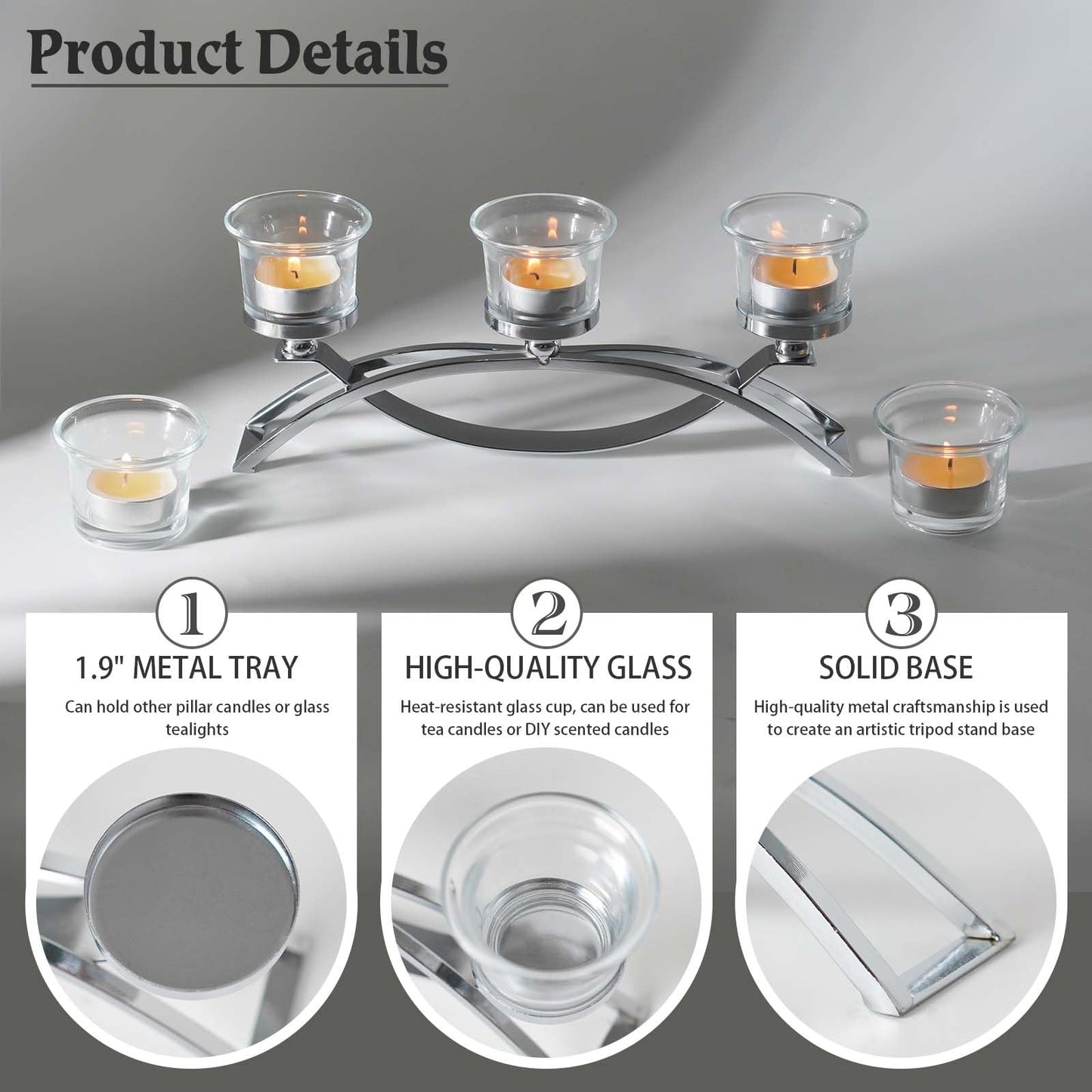 3-Arm Metal Tea Light Candle Holder Set with 5 Glass Cups, Votive Candle Holders Centerpiece Candelabra for Wedding Table Decor, Home Gatherings and Holidays (Silver, 5 Cups)