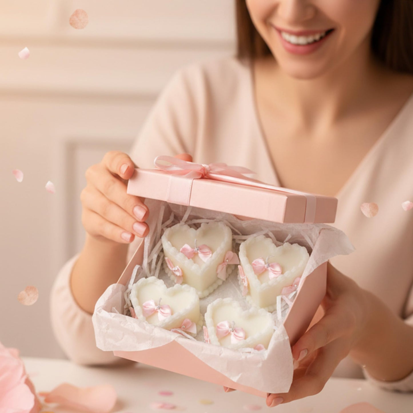 SRCVYLT 4 Pcs Bow Heart Scented Candle Set Rose Fragrance Soy Wax Scented Candle with Fixed Bow Decor for Valentine's Day Party Bedroom Room Table