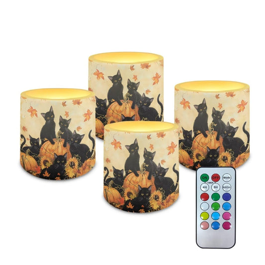 Cozeyat Halloween Cat Flameless Candles 4 Pack Battery Operated LED Pillar Candles with Remote Control Timer Waterproof for Indoor Outdoor Home