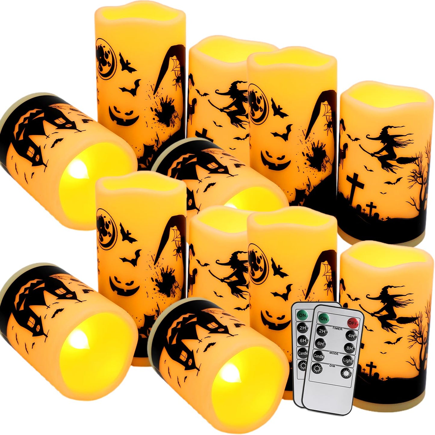 CAKETYCG 12-Pack Halloween Ink Painting Large Electronic Waxes with Remote Control, Flameless LED Candles for Halloween Spooky, Halloween Ambient Sense Artifacts.