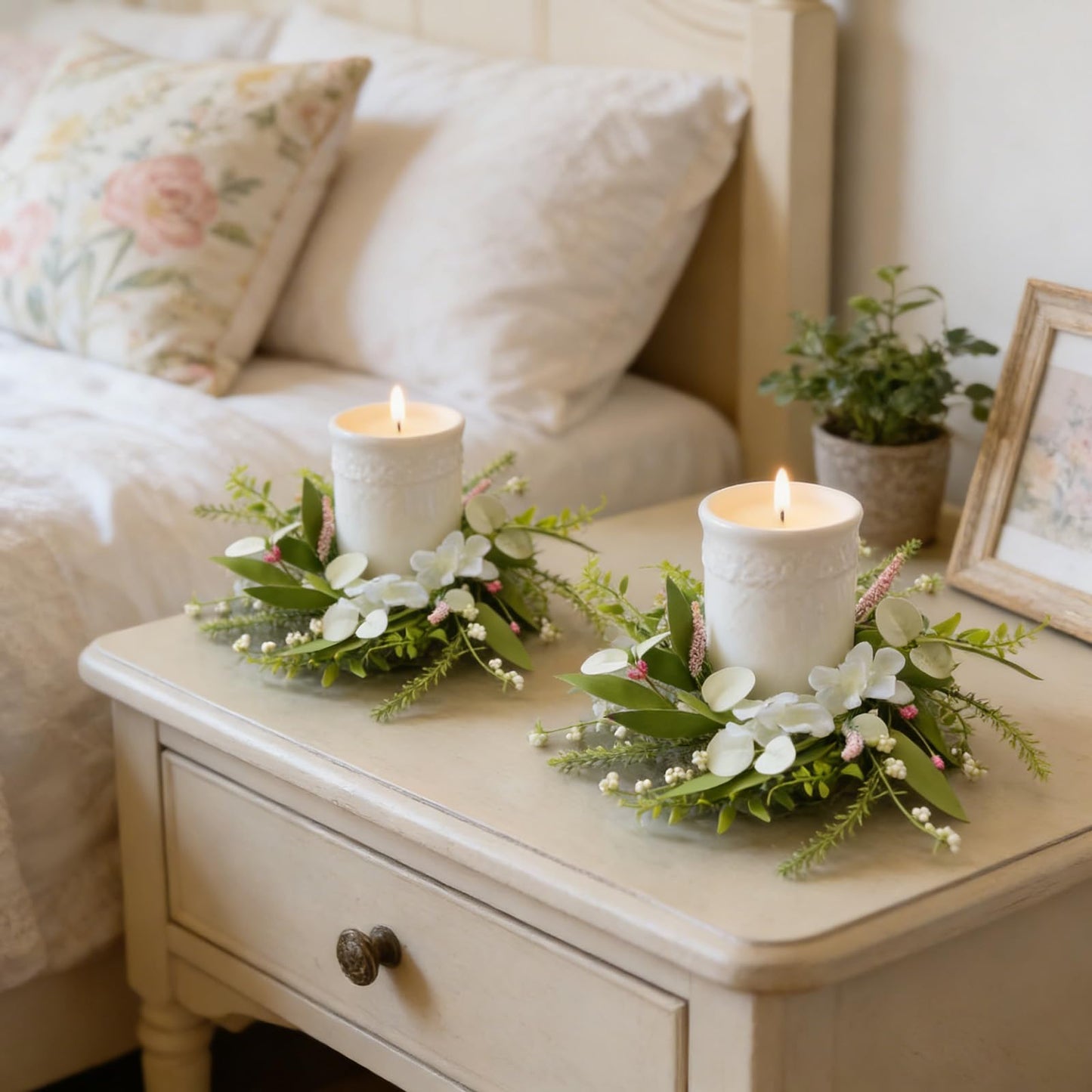 6 Pcs Small Spring Summer Candle Ring Wreaths Mini Pillar Candle Holder Wreath with White Hydrangea Flowers and Eucalyptus Leaves Artificial Spring Summer Wreath for Home Kitchen Table Cnterpieces