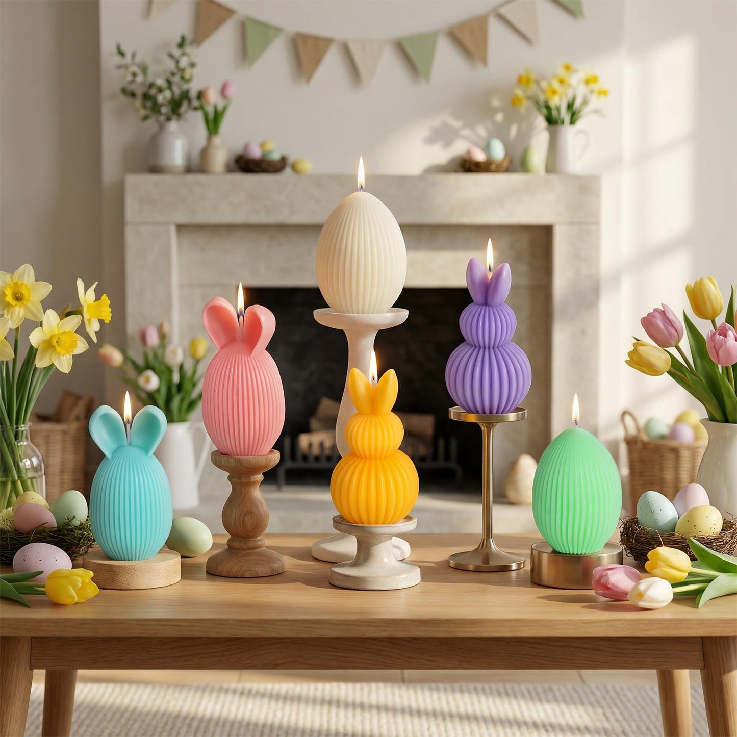 Lanpn 6 Pcs Easter Bunny & Egg Candles Gift Set, Mini Rabbit & Egg Shaped Votive Tea Lights, Easter Flower & Fruit Scented Candles, Spring Party Holiday Decor Home Table Centerpiece, Macaron Color