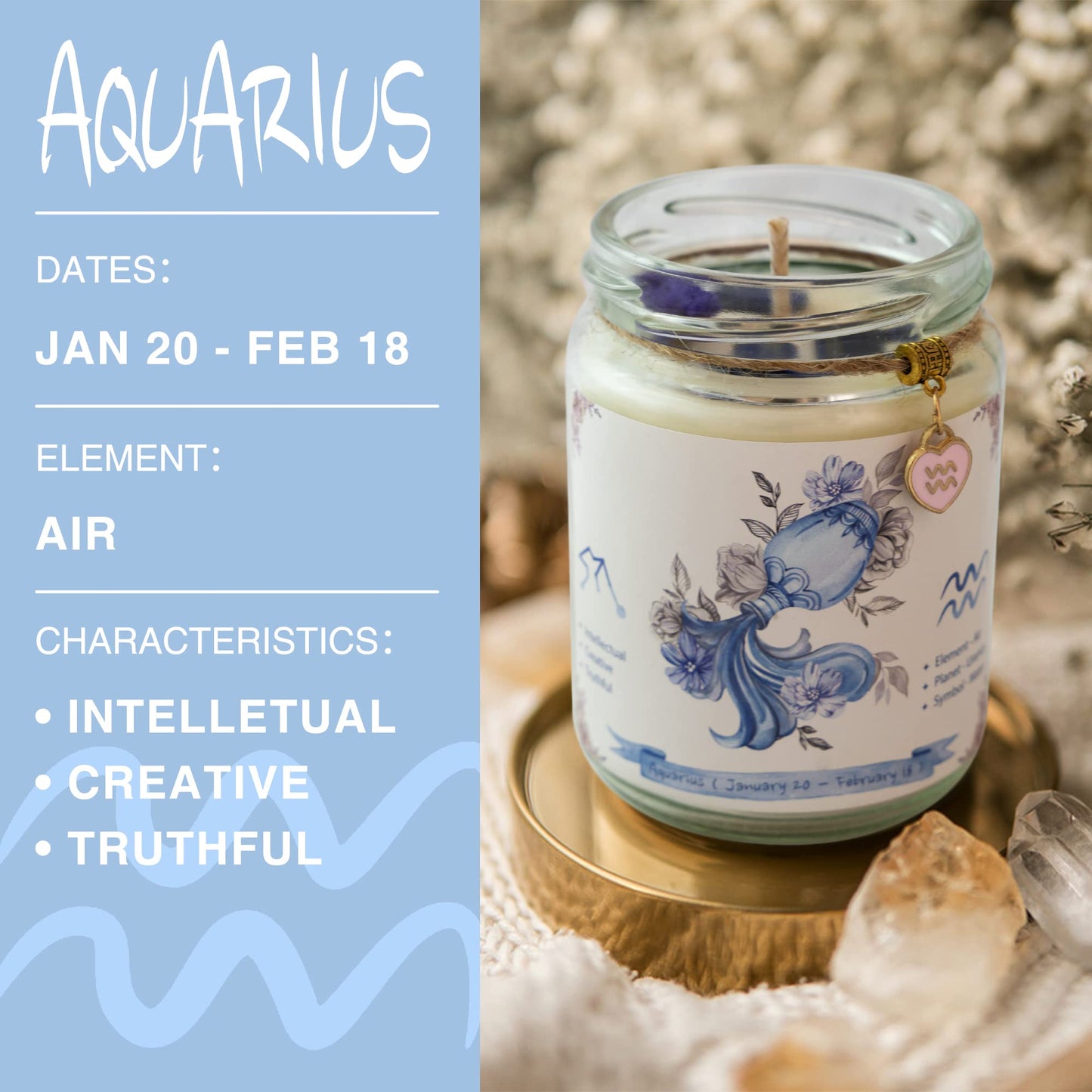 ZINCGE Aquarius Zodiac Crystal Candle Gift for Women - Astrology Birthday Natural Soy Violets Scented Candle With Flowers and Lazurite Healing Crystals for Mom, Sister, Friends