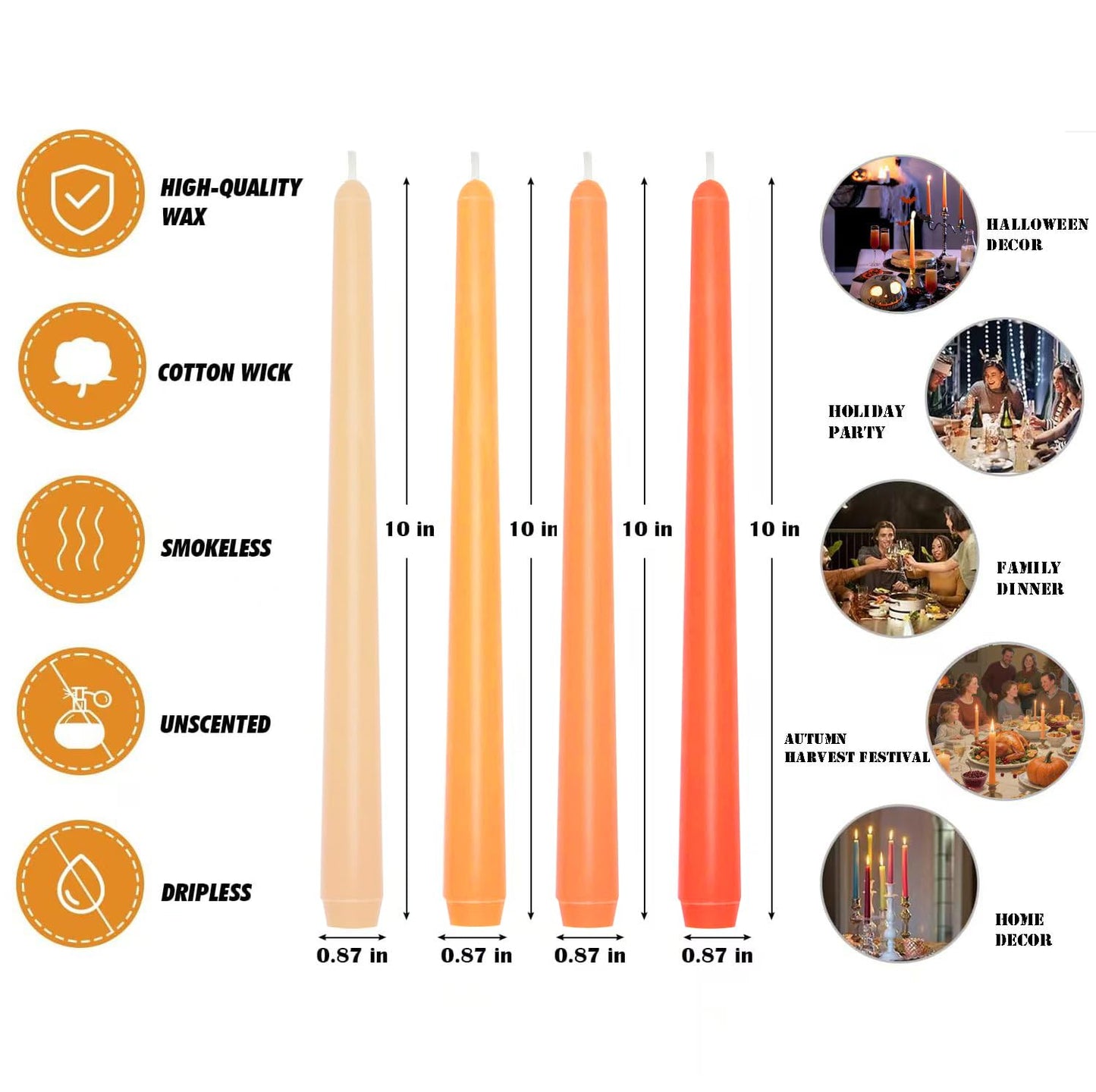 12-Pack Gradient Orange Taper Candles, 10 Inch Unscented Dripless Candlesticks, Long-Lasting Burn Time of 7-8 Hours, Perfect for Fall Harvest Halloween Thanksgiving Dinners Parties and Home Décor