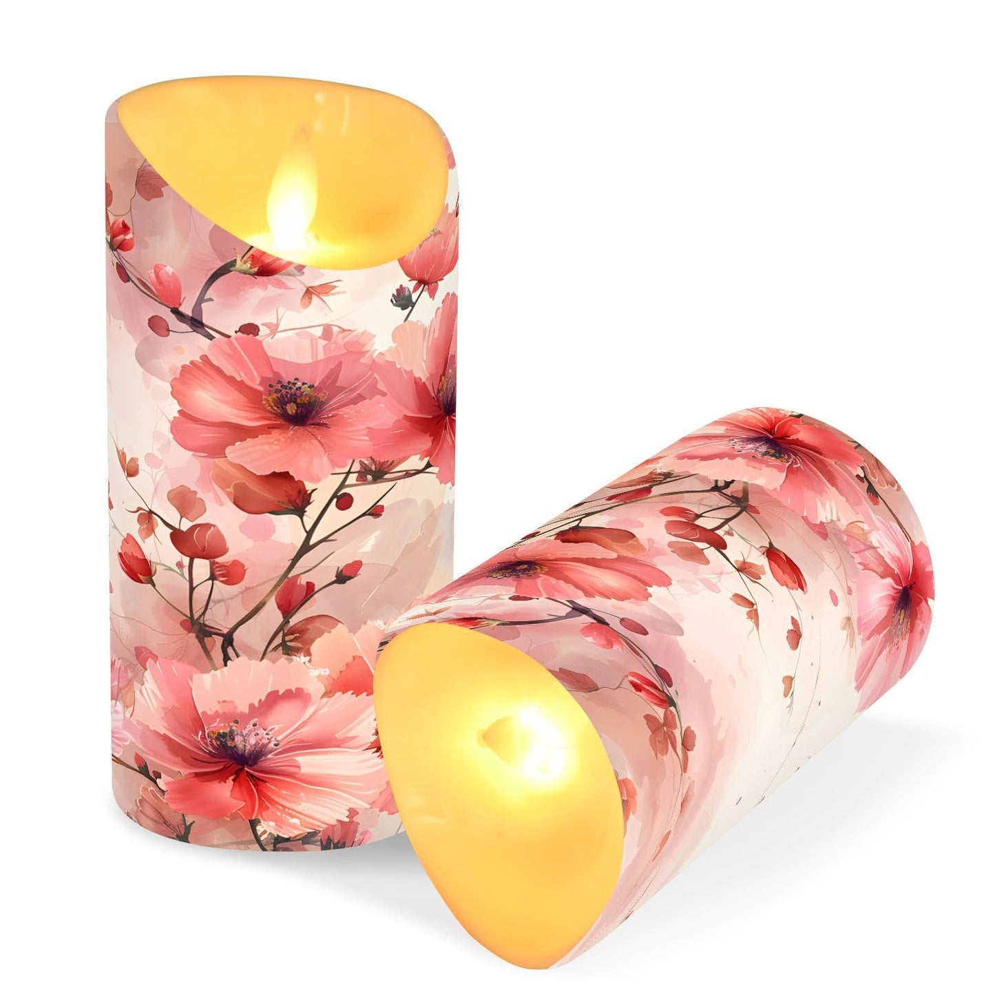 ALAZA Leaves Red White Flower Flickering Flameless Candles Battery Operated with Remote Timer,Tea Light Candles LED Pillar Votive Set of 2 for Outdoor Indoor Decorations 3" x5.9"