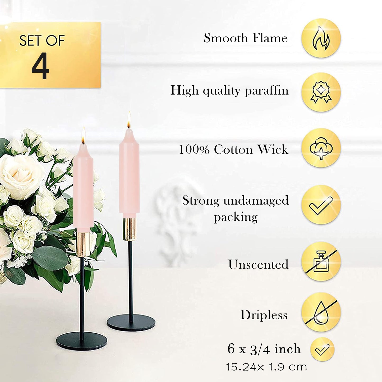 LPUSA Light Pink Short Taper Candles 6 inch Candle Sticks Unscented Dinner Candle Dripless for Home Decor,Set of 4