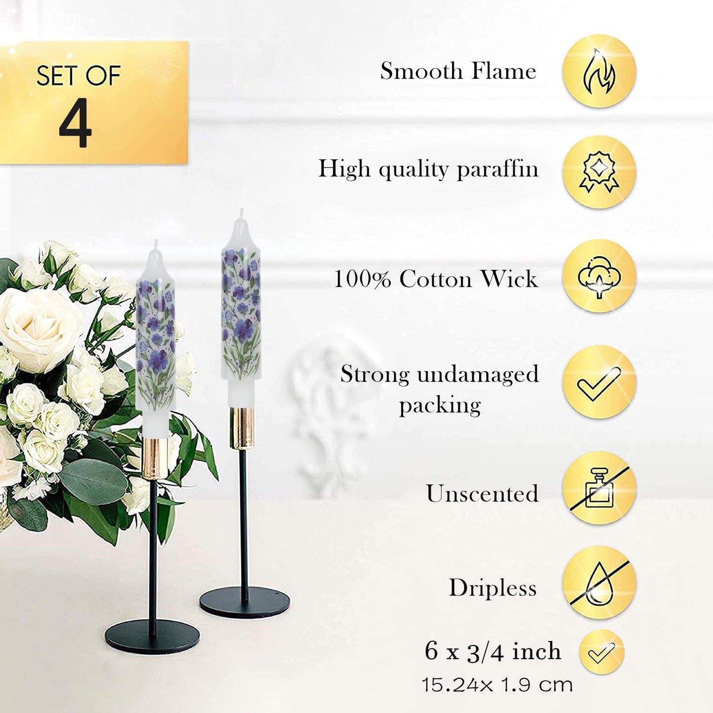Floral Taper Candle Dripless Candlesticks Blue and White Handmade Candles Short Candle Sticks Flower Tapered Candles for Home Party Wedding Dinner 6inch-4pcs